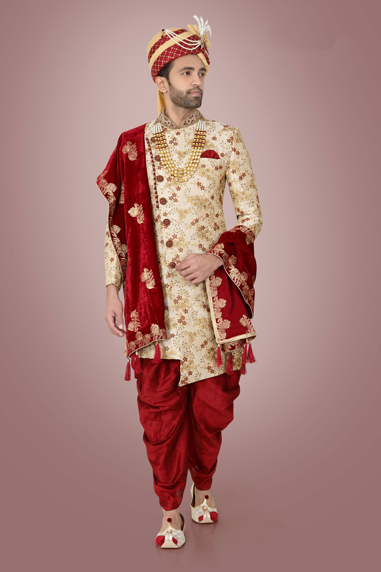 Cream Zari Thread Embroidery Malbari Silk Sherwani E-1027
