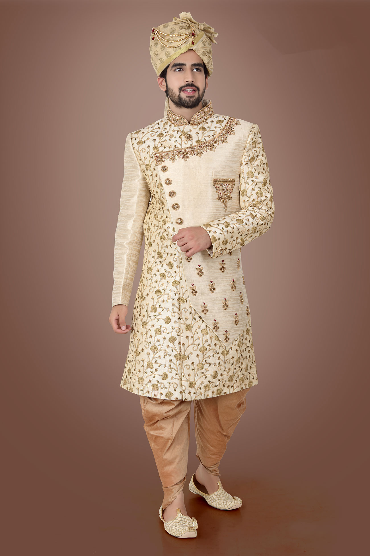 Cream Zari Embroidery Malbari Silk Sherwani E-1049