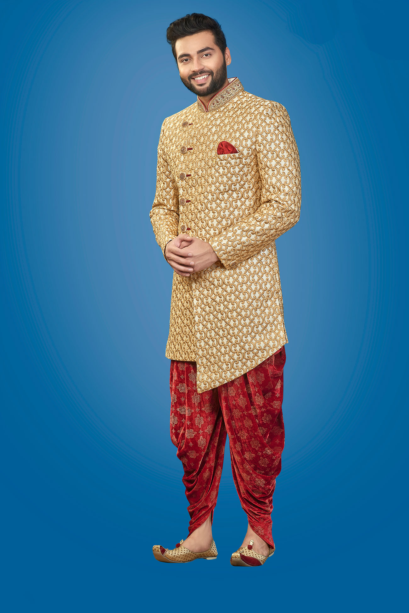 Golden Zari Thread Embroidered Malbari Silk Sherwani E-1064