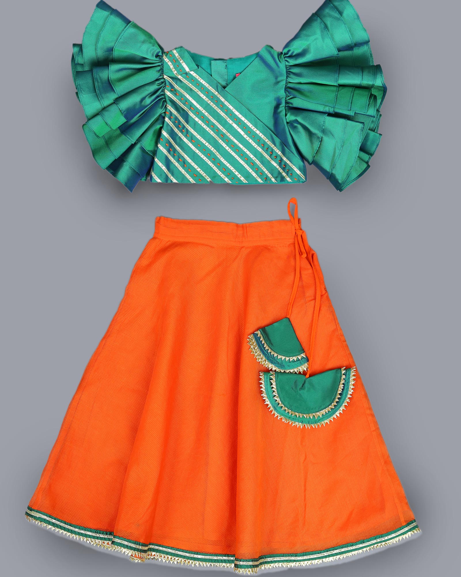Bottle Green & Orange Crop Top With Lehenga