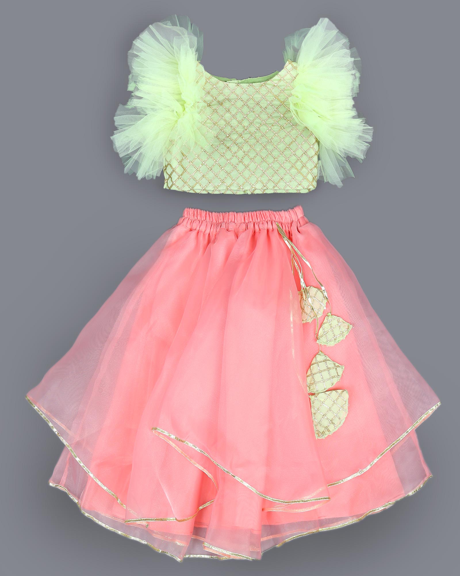 Lime & Pink Crop Top With Lehenga