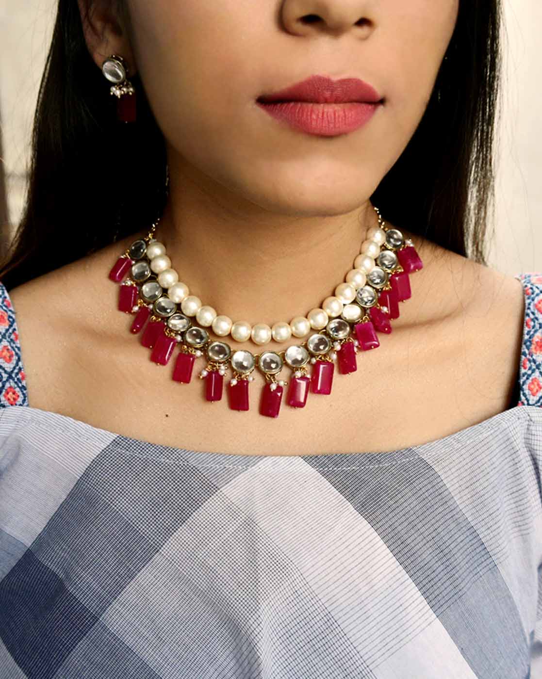 Red Glass Stone And Kundan Necklace Set