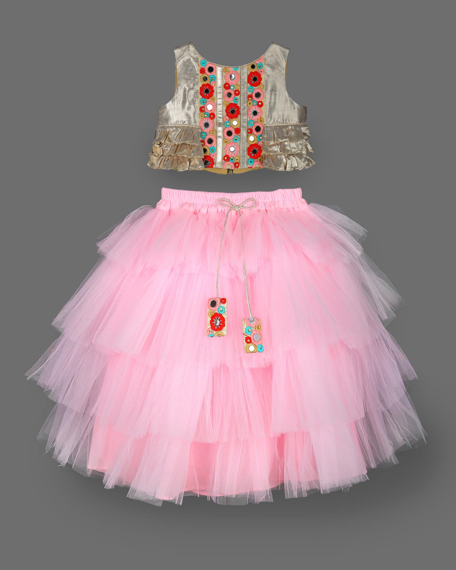 Maharani Set With Fluffy Pink Ghaghra And Mirror Work Blouse