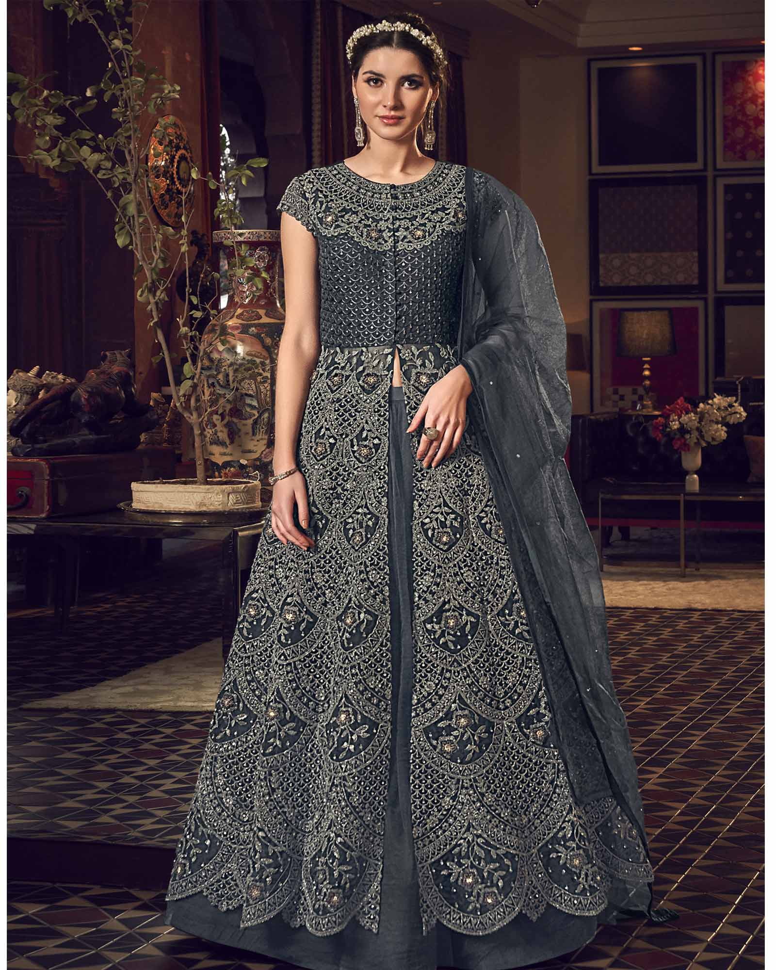 Grey Embellished Semi Stitched Salwar Suit with Dupatta 