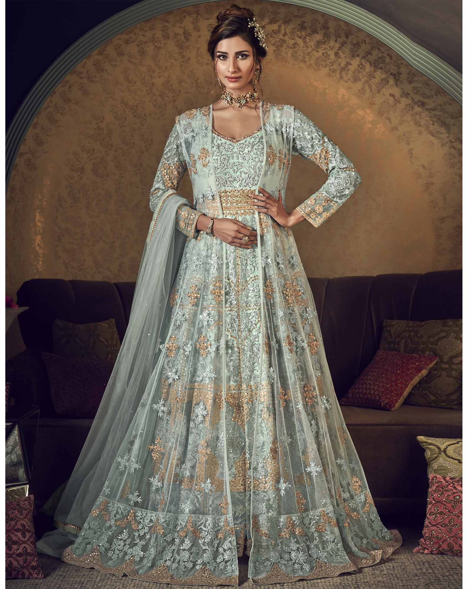 Turquoise Embellished Semi Stitched Salwar Suit with Dupatta 