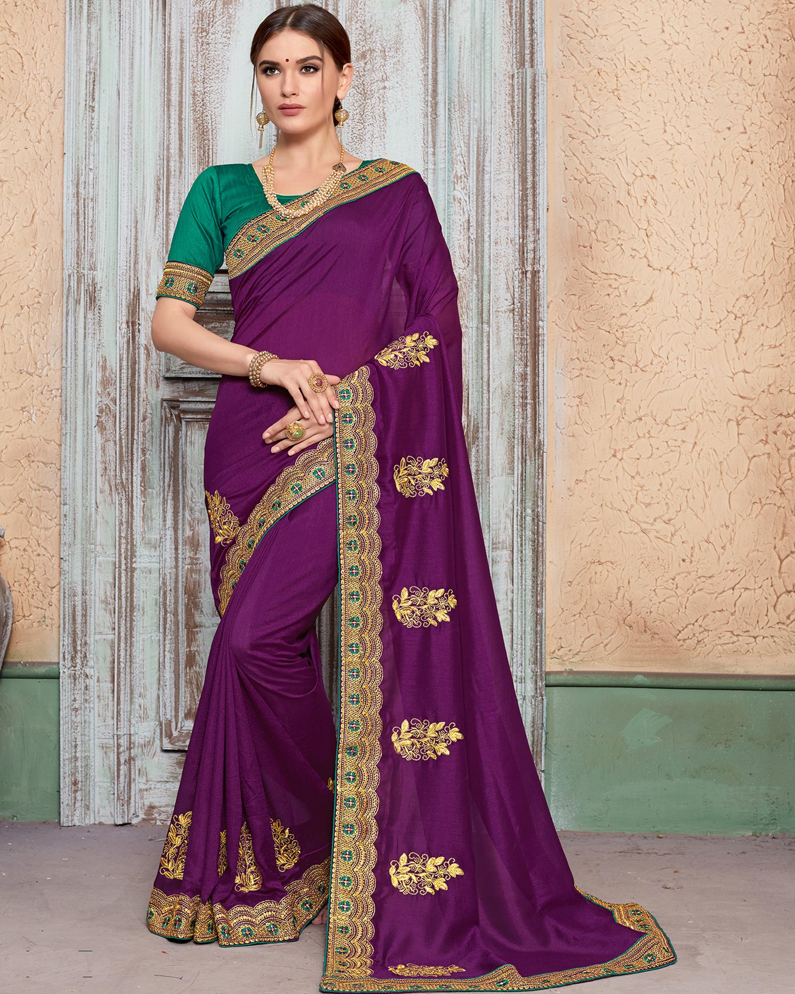 Dark Magenta Color Vichitra Silk Embroidered Border Work Saree