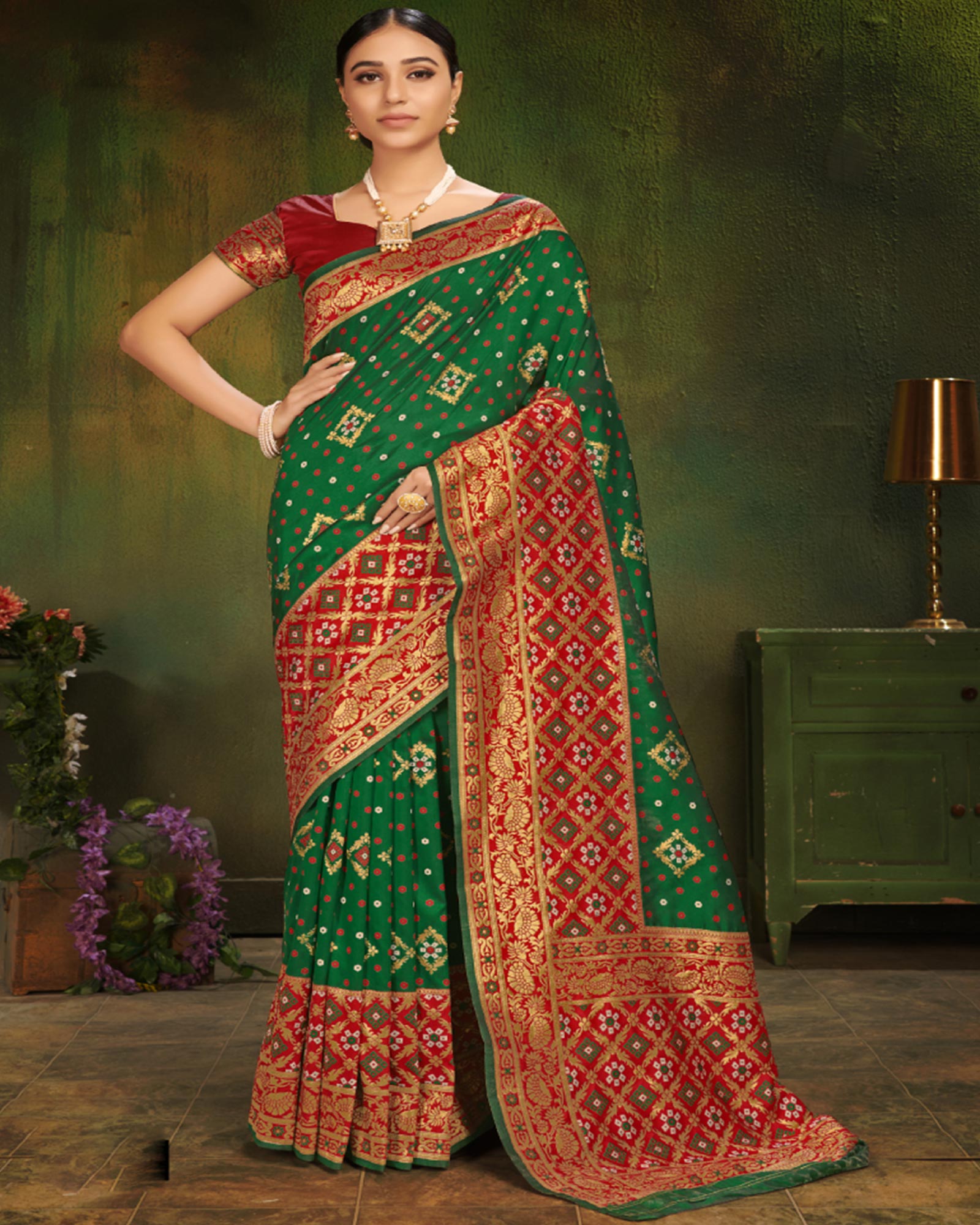 Dark Green Color Patola Silk Traditional Saree