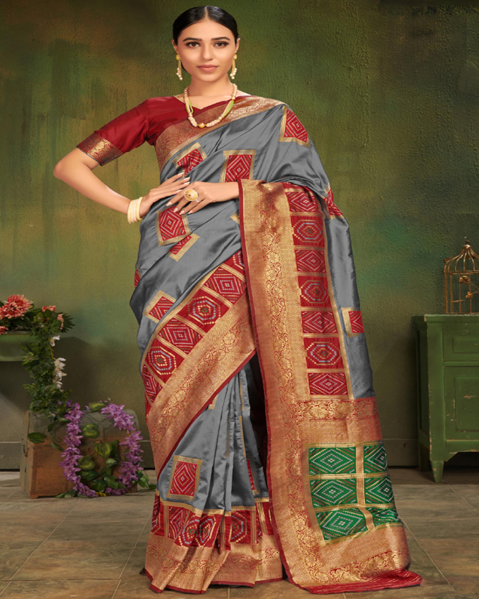 Grey Color Patola Silk Traditional Saree