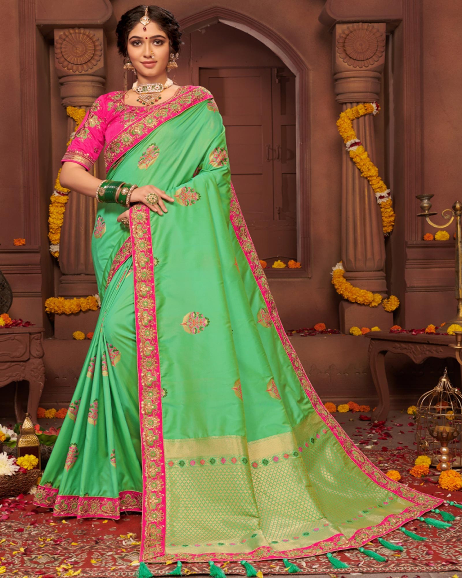 Beautiful Light green Color Silk Embroidered Saree