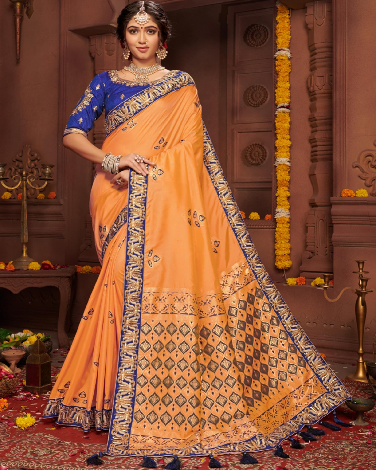 Beautiful Light Orange Color Silk Embroidered Saree