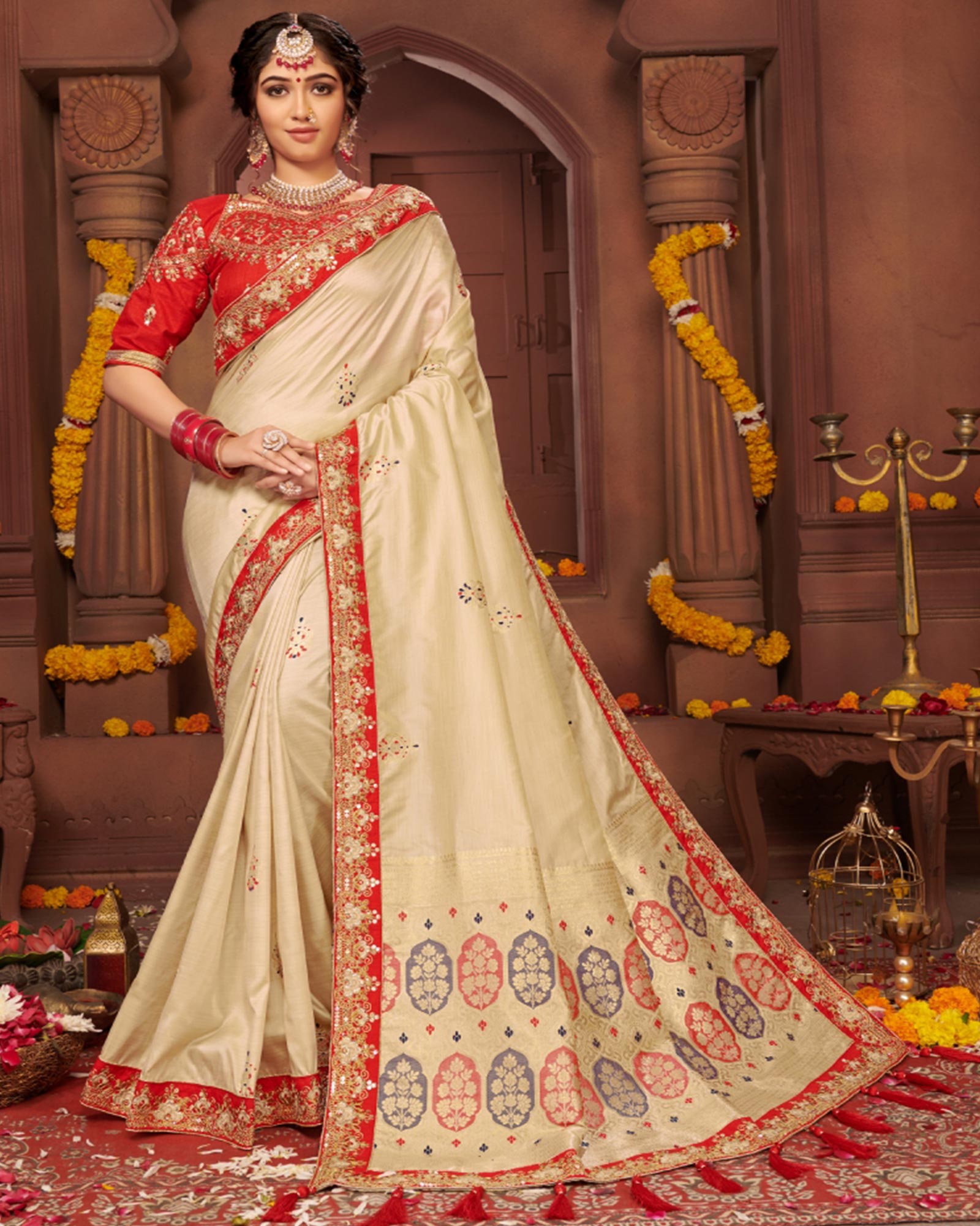 Beautiful Cream Color Silk Embroidered Saree