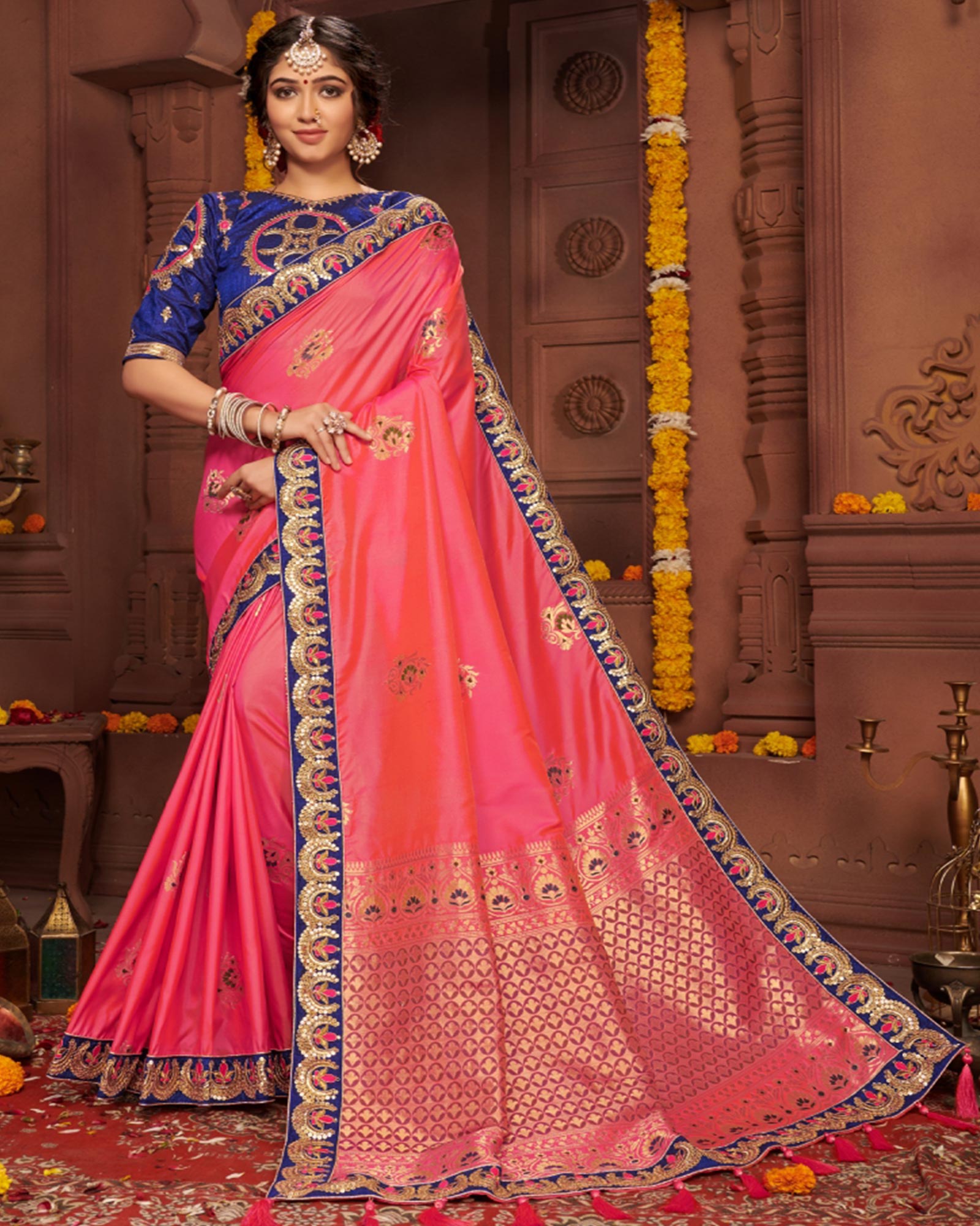 Beautiful Pink Color Silk Embroidered Saree
