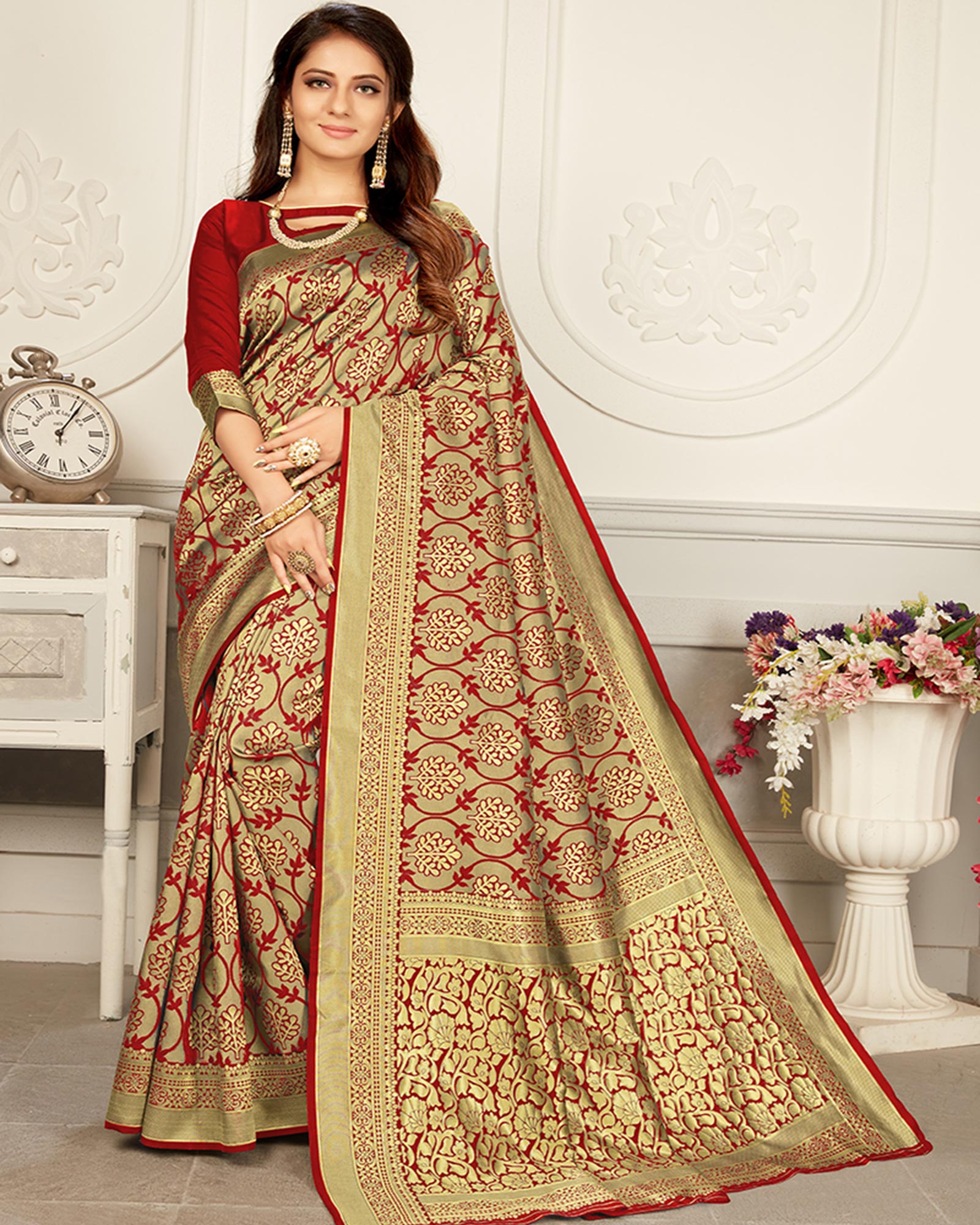 Red and Gold color Woven Silk Tradtional saree