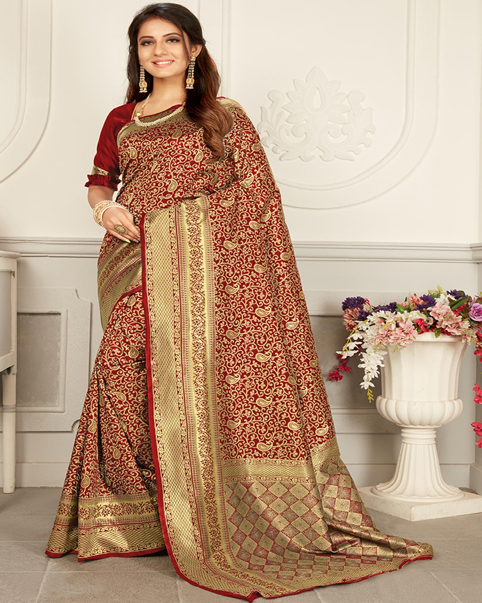 Red and Gold color Woven Silk saree
