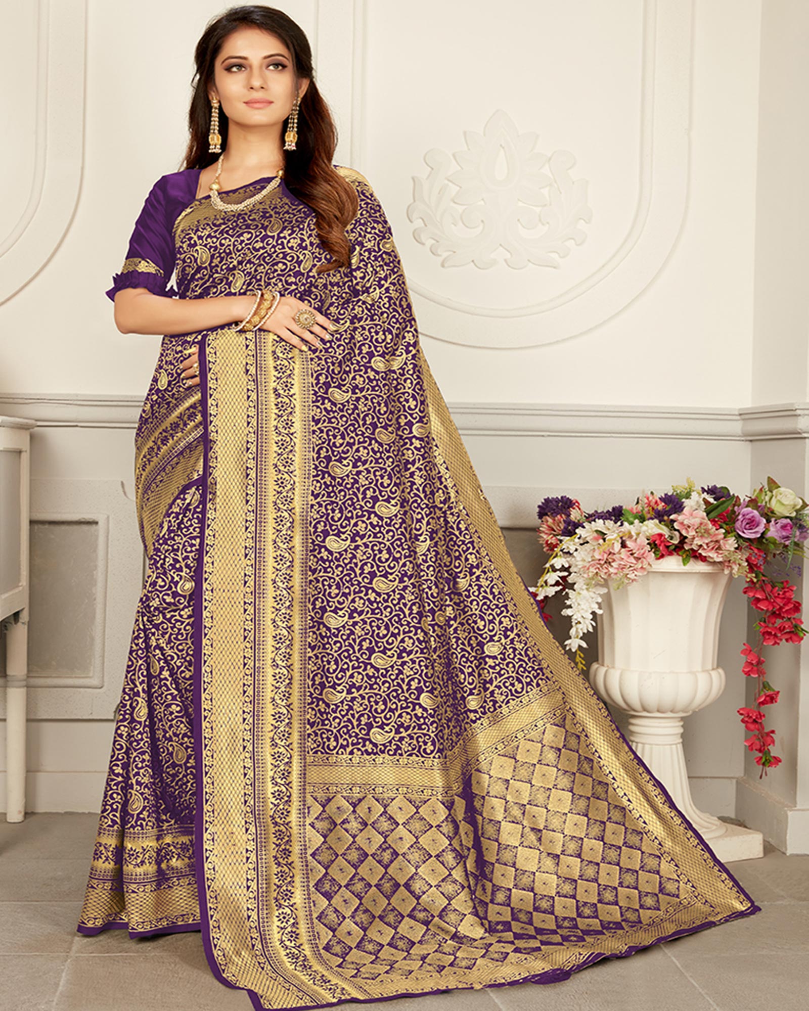 Purple and Gold color Woven Silk saree