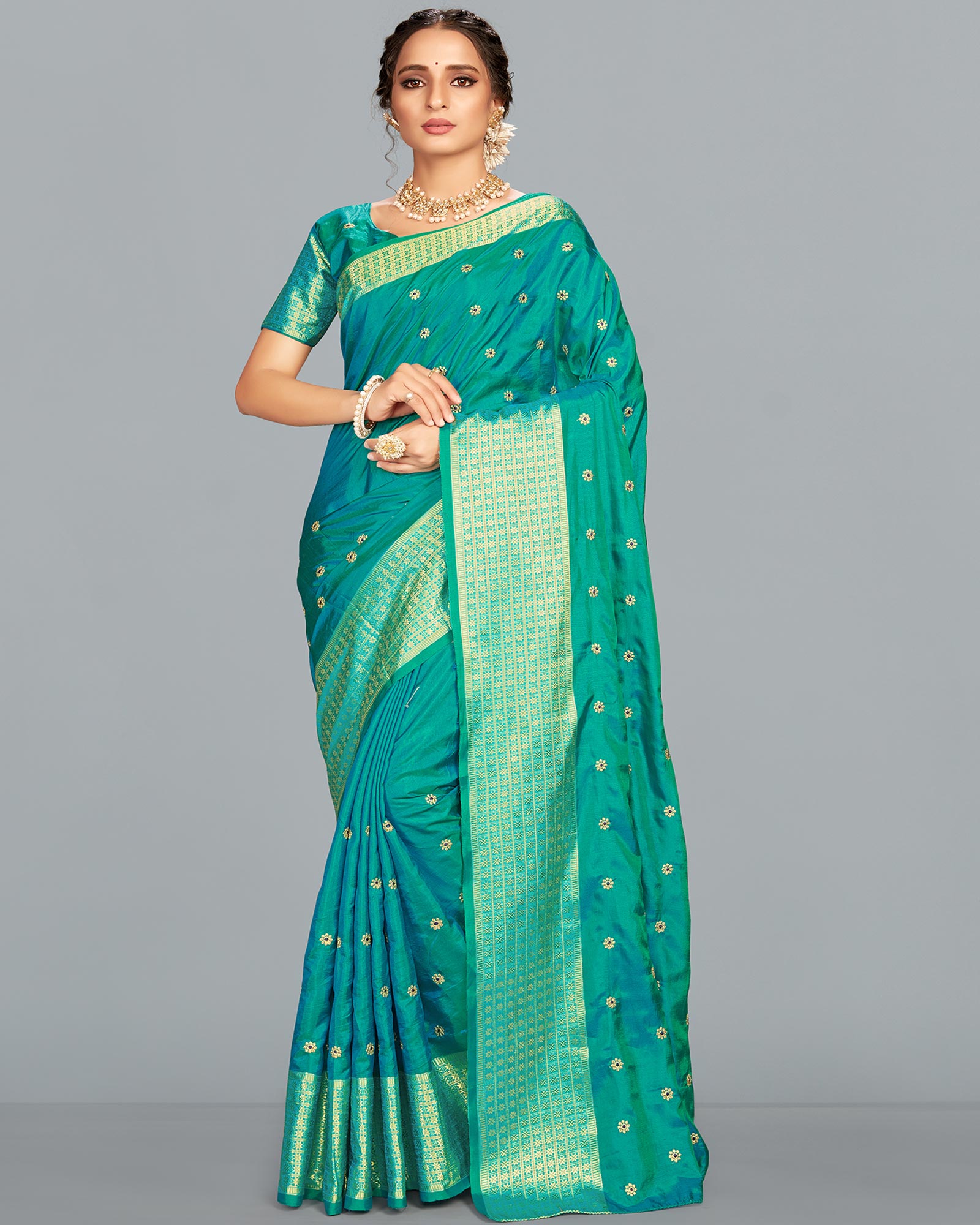 Teal color Sana Silk Embroidered Festival Saree