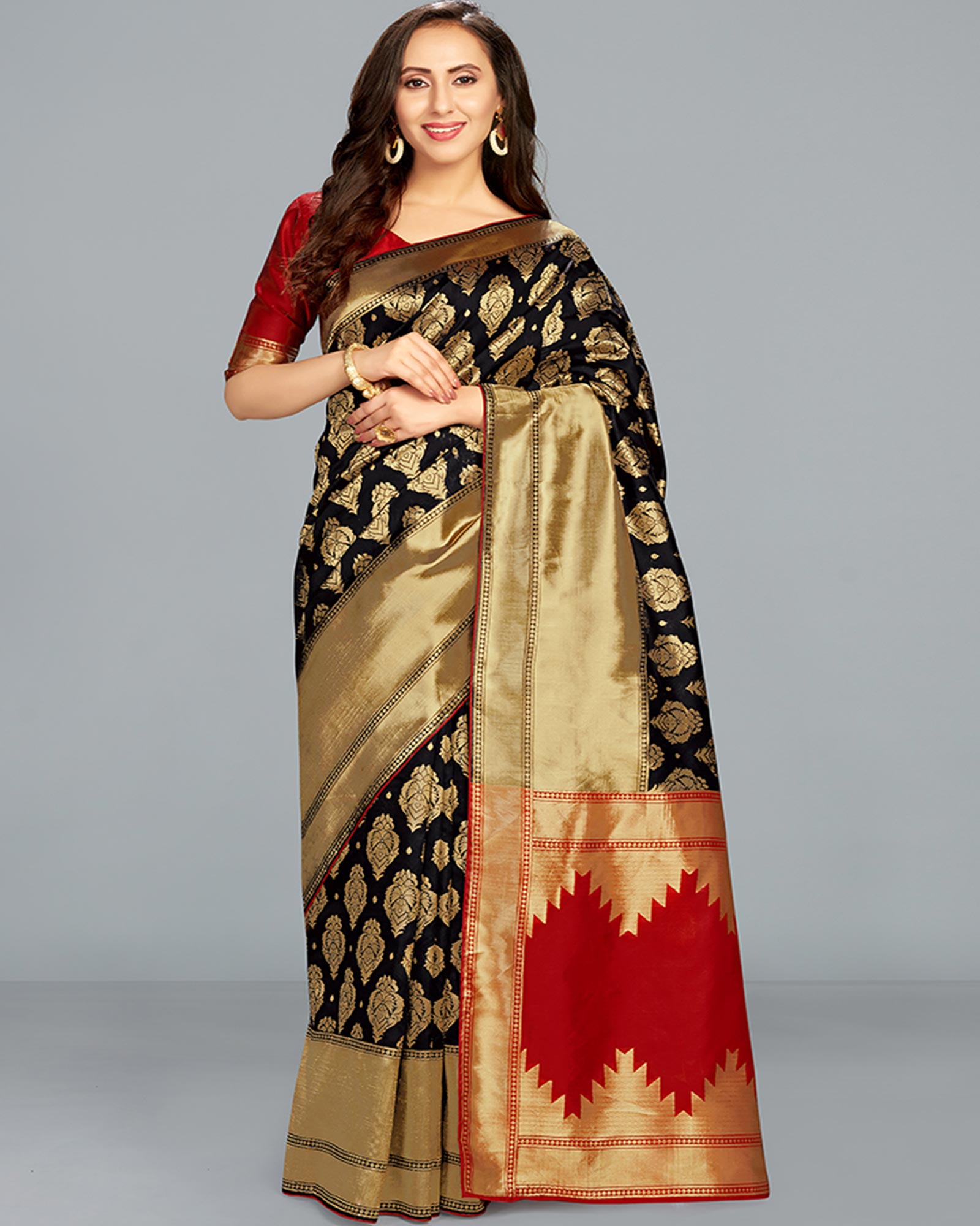 Black Color Banarasi Silk Traditional Saree With Blouse