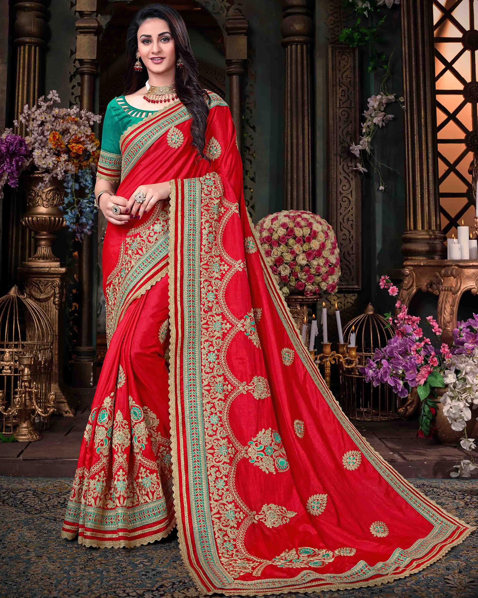 Red colored Embroidered Art Silk Saree