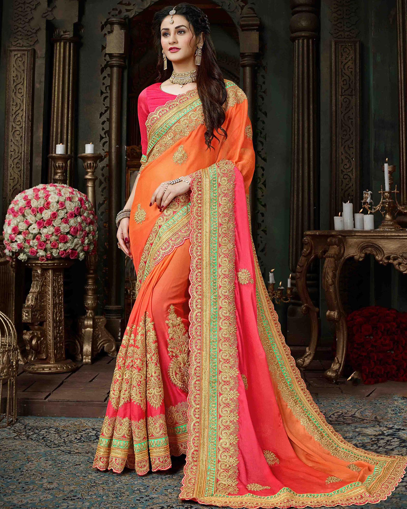 Shaded Orange colored Embroidered Moss Chiffon Saree