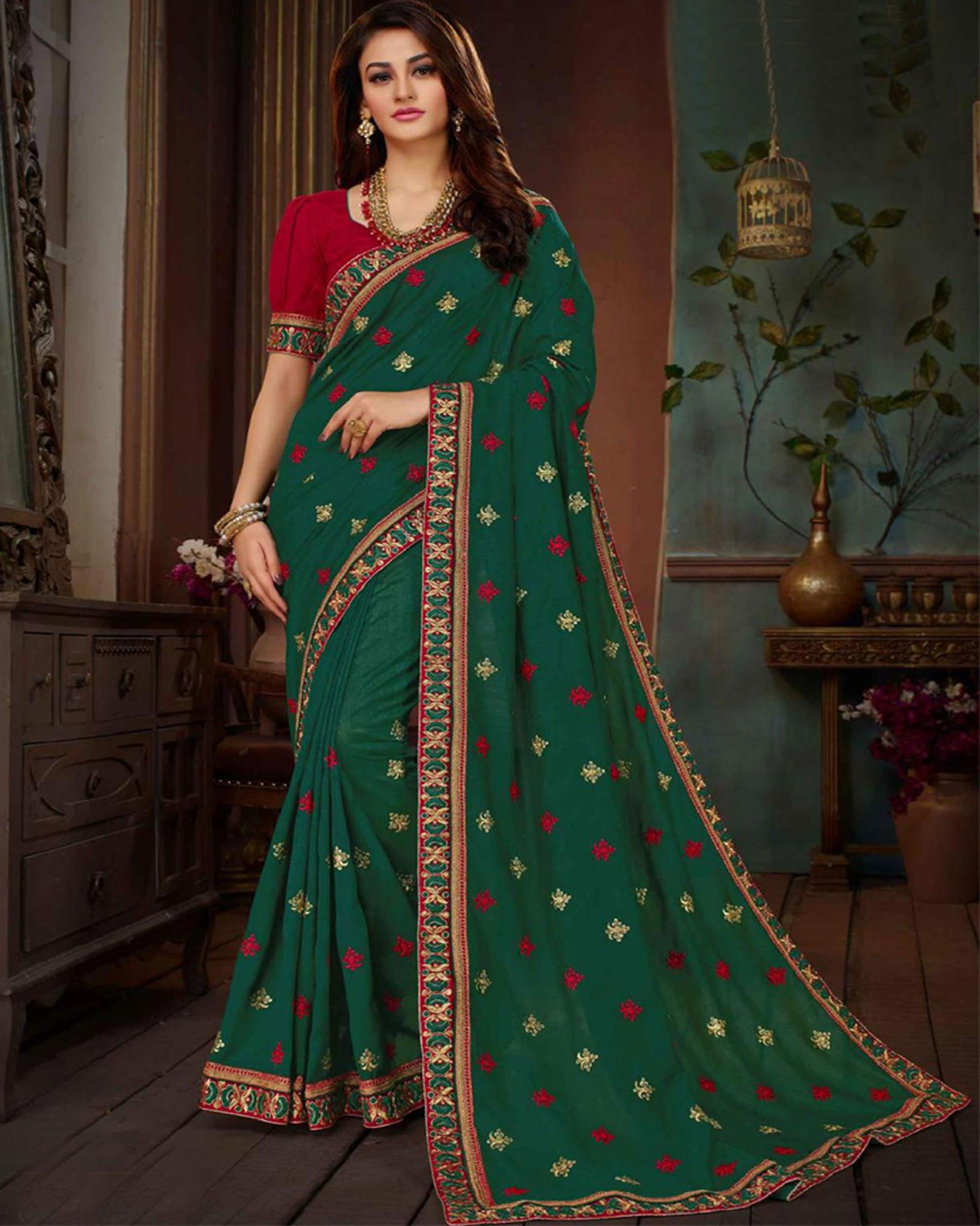 Dark Green Embroidered Silk Designer Saree