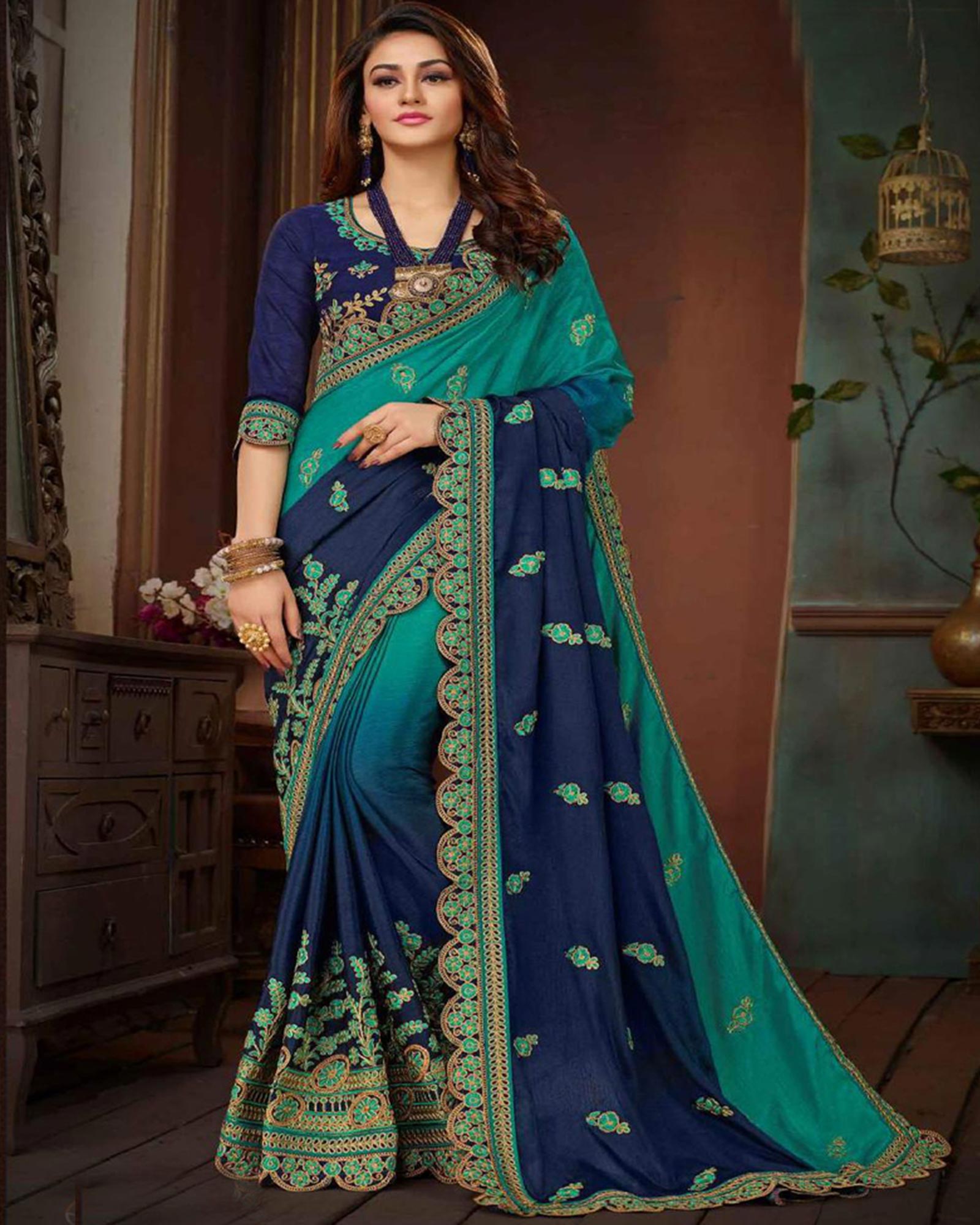 Navy Blue And Sea Green Embroidered Chinon Silk Designer Saree 