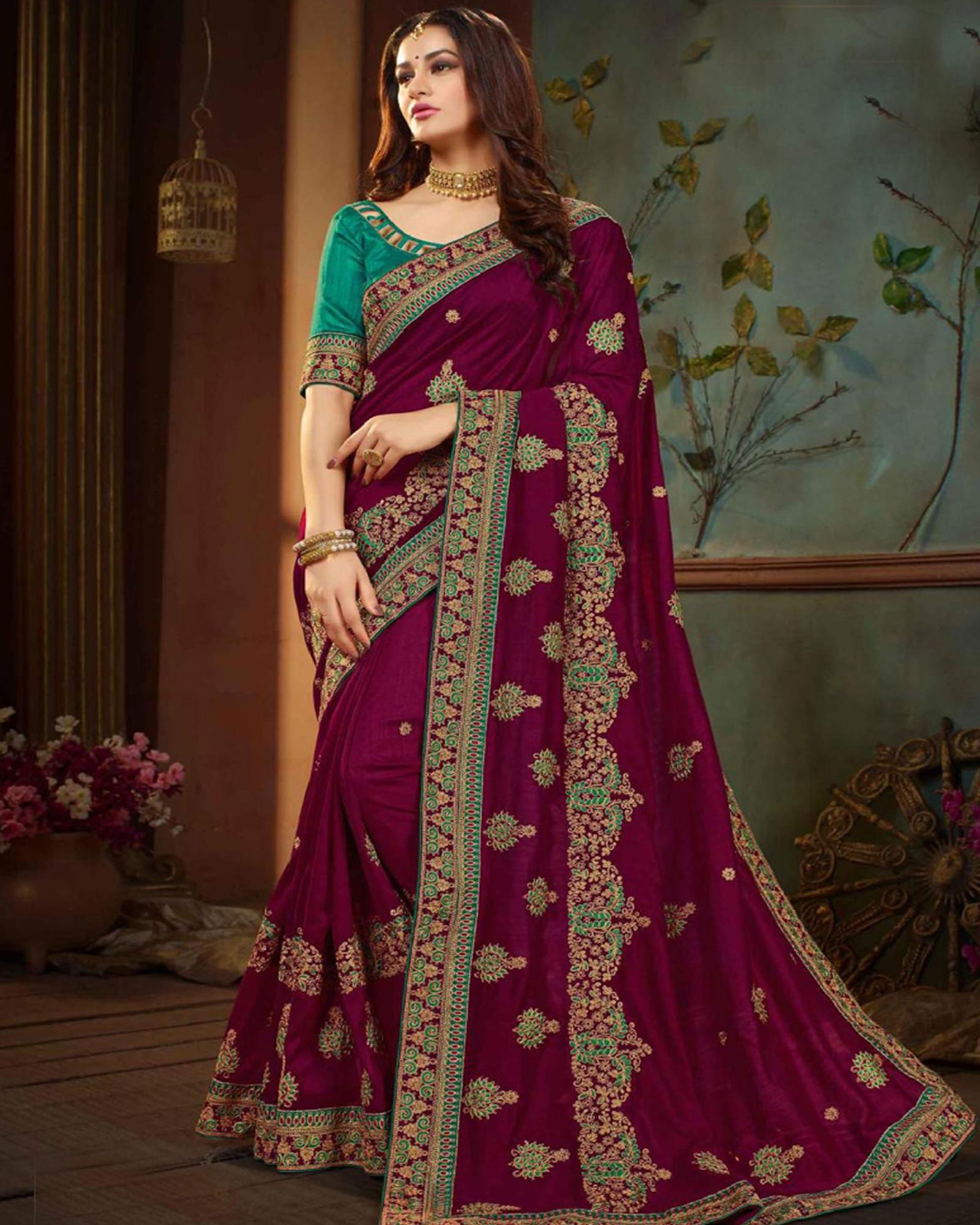 Wine Embroidered Silk Designer Saree