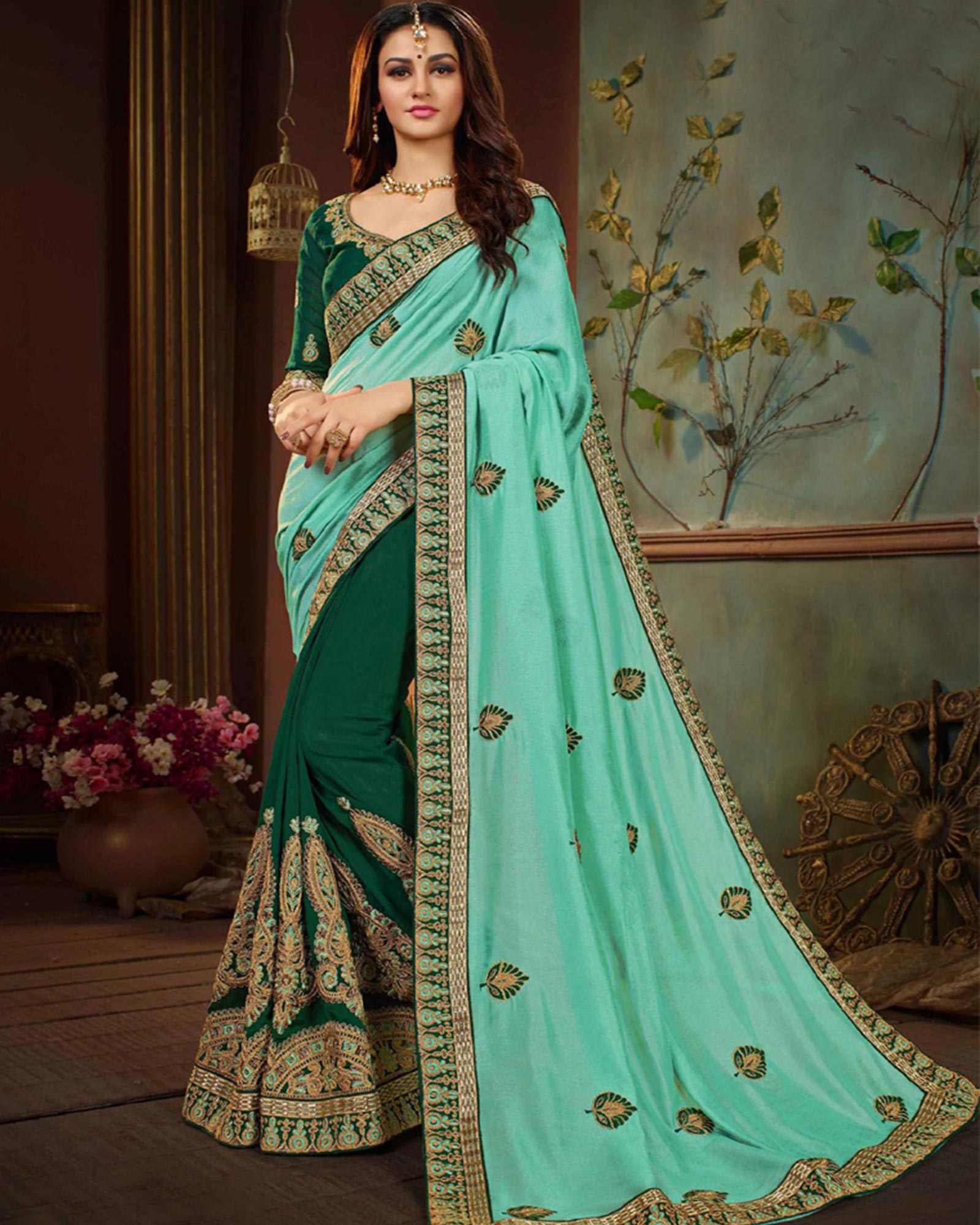 Sea Green and Dark Green Embroidered Silk Designer Saree 