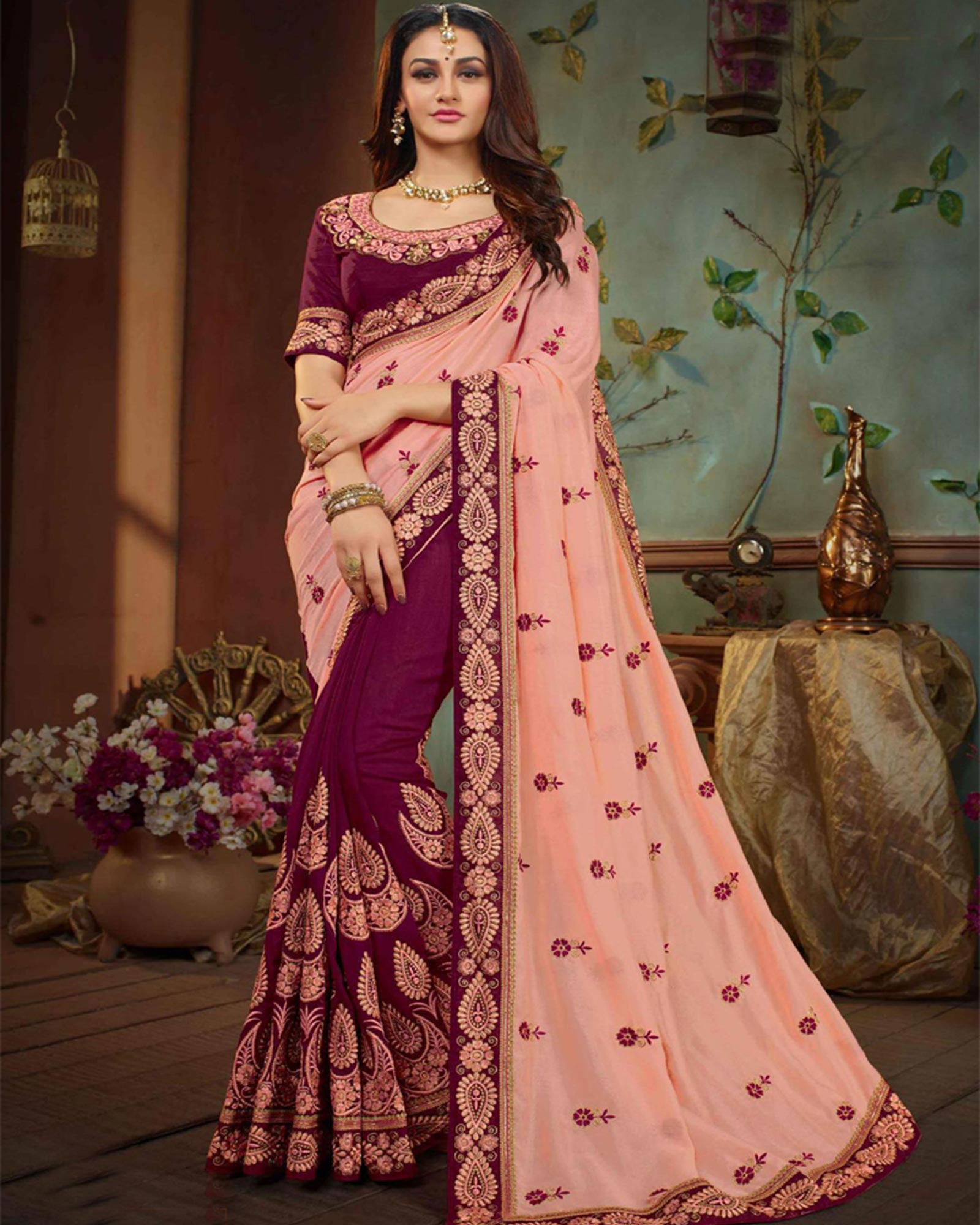 Peach And Wine Embroidered Silk Designer Saree