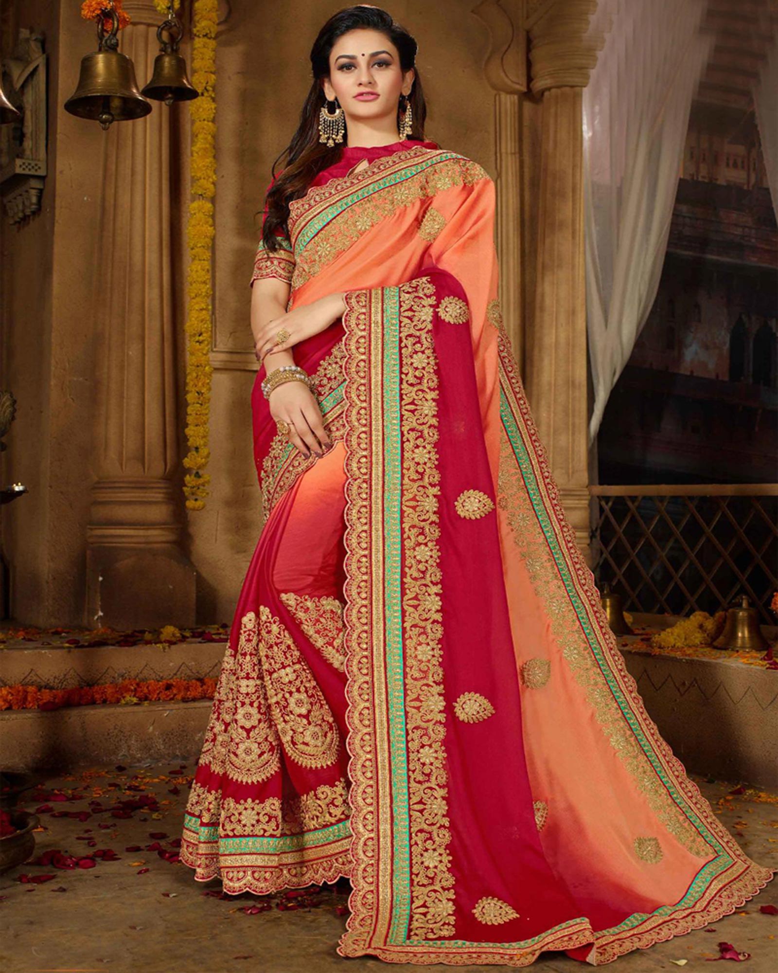Peach And Crimson Embroidered Moss Chiffon Designer Saree 