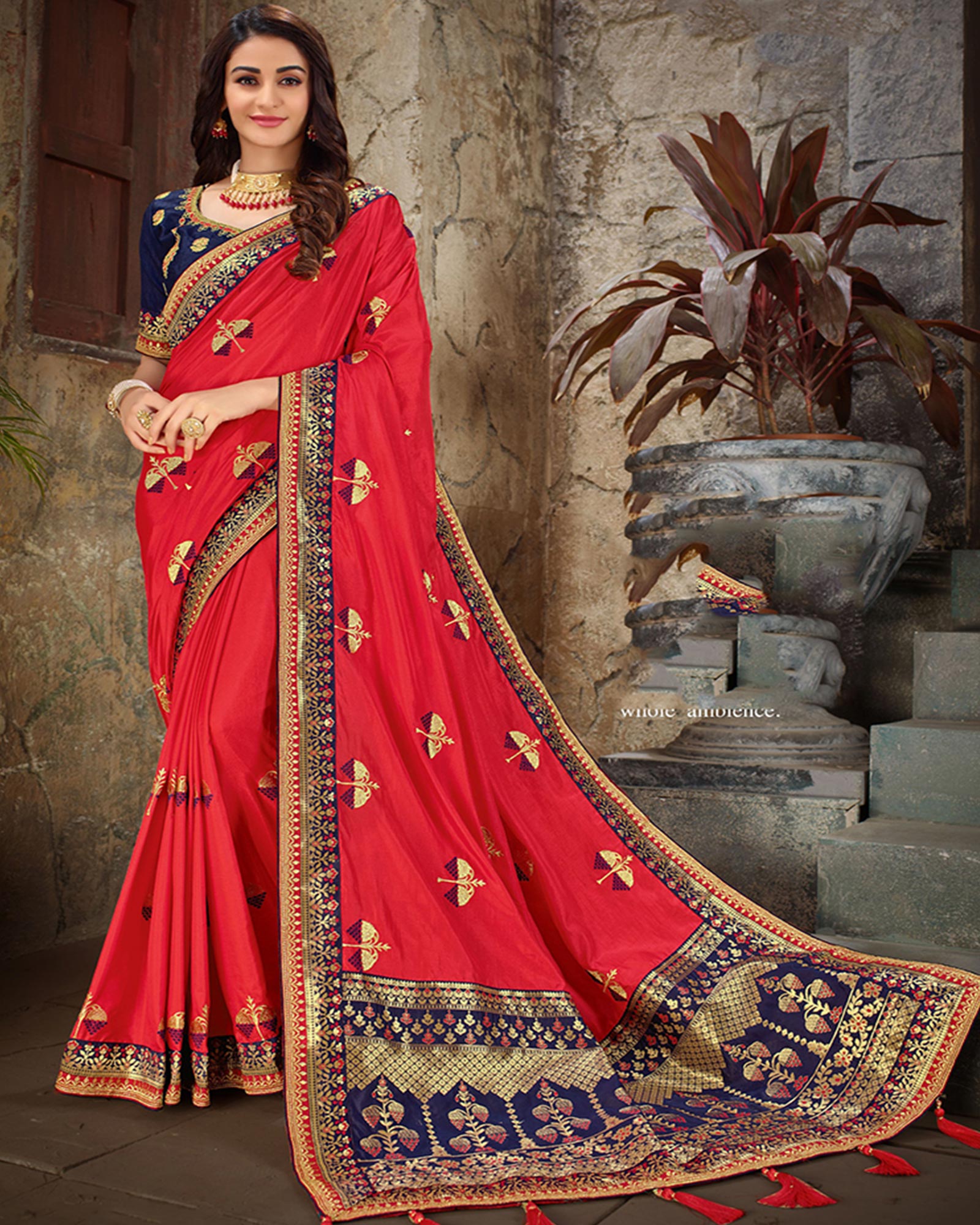 Red And Blue Embroidered Art Silk Festival Saree