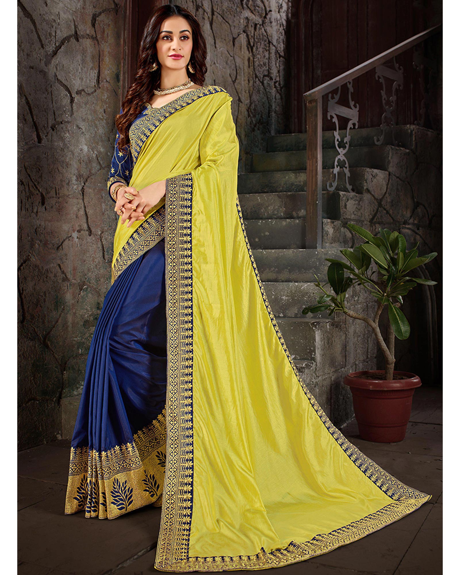 Light Green and Blue Art silk Embroidered Saree