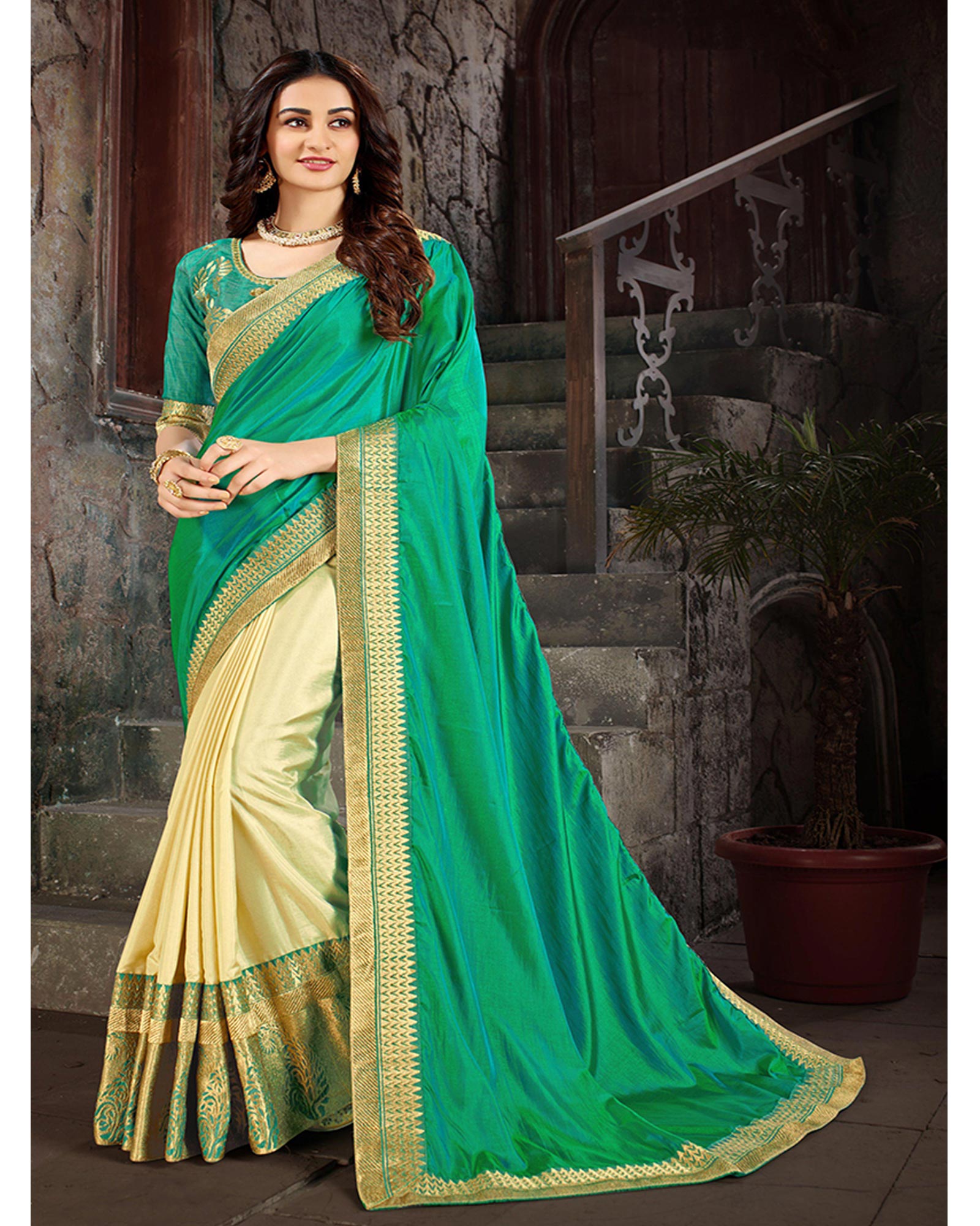 Green And Beige Emboridered Art Silk Saree