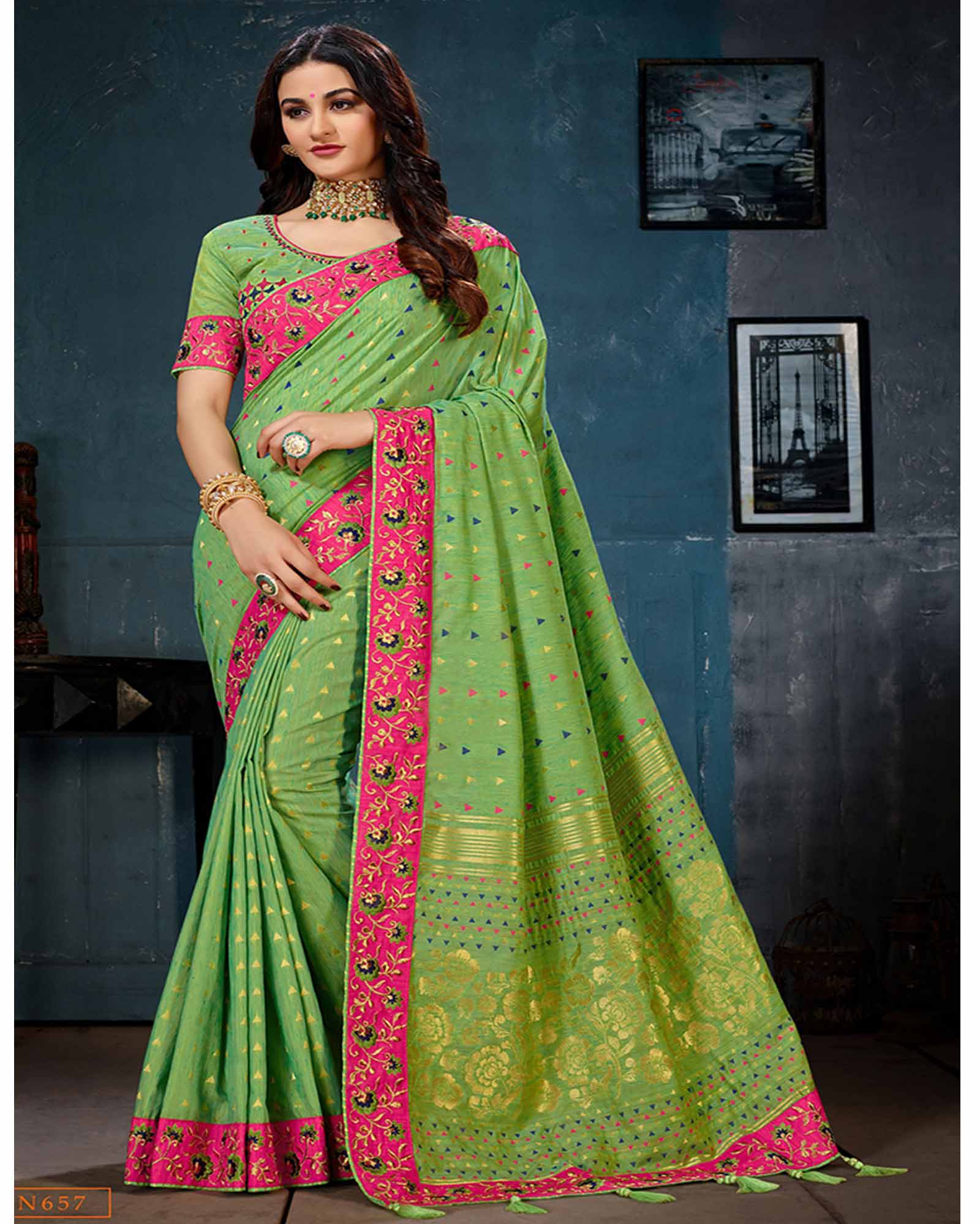 Light Green Party Cotton Linen Designer Saree