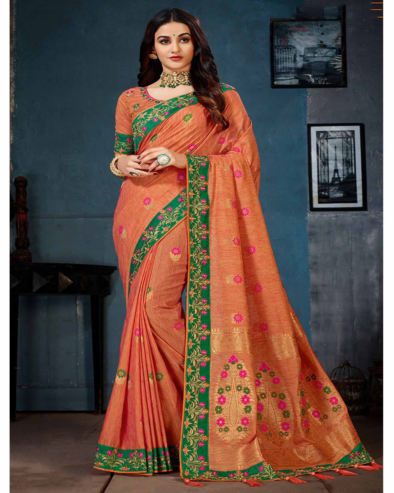 Peach Cotton Linen Designer Saree