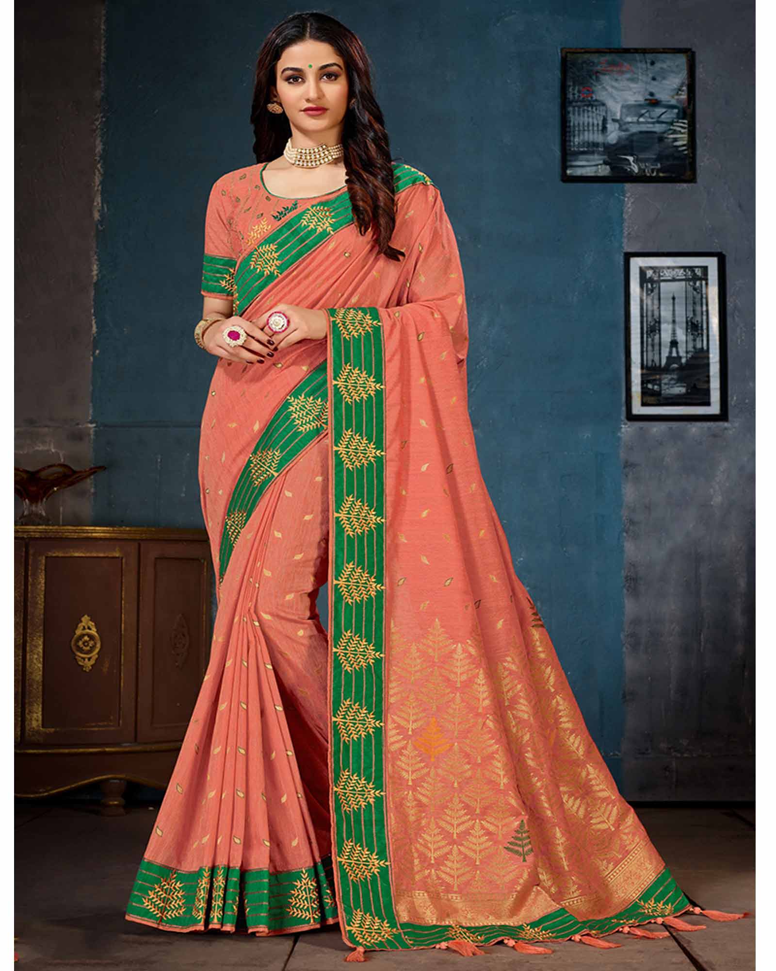 Peach Cotton Linen Designer Saree