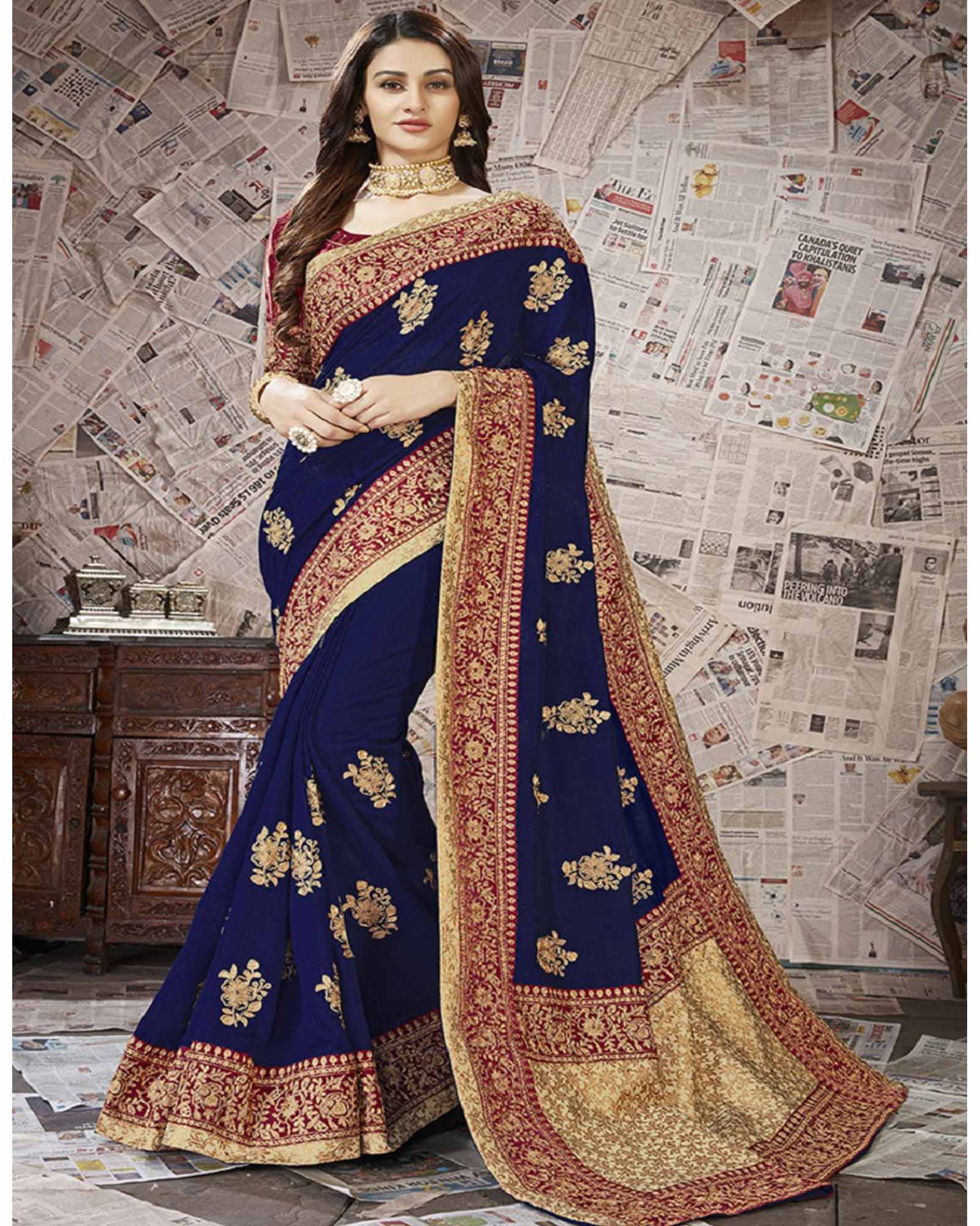 Navy Blue Poly Silk Festival Wear Saree