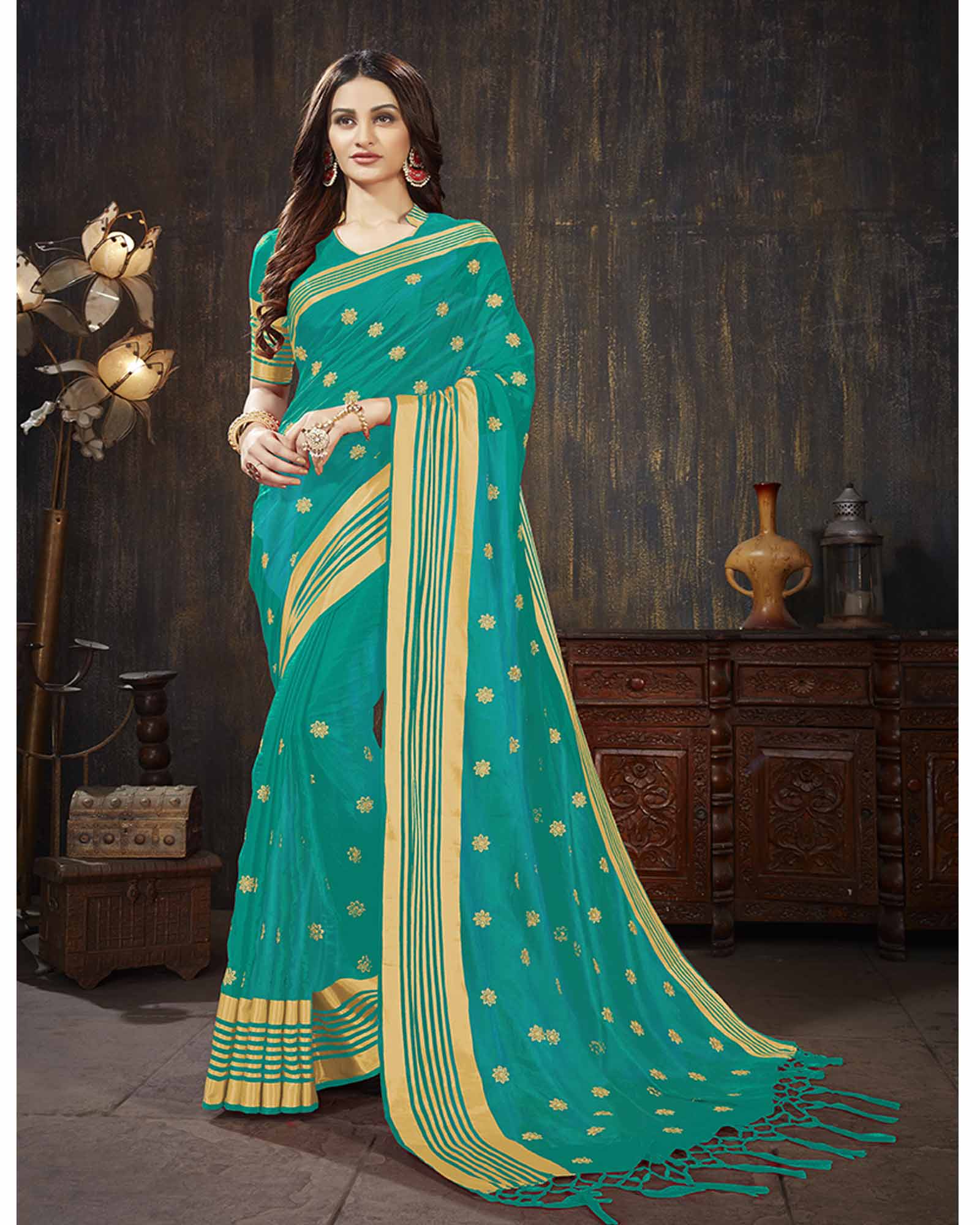 Sea Green Color Art Silk Embroidered Festival Wear Saree