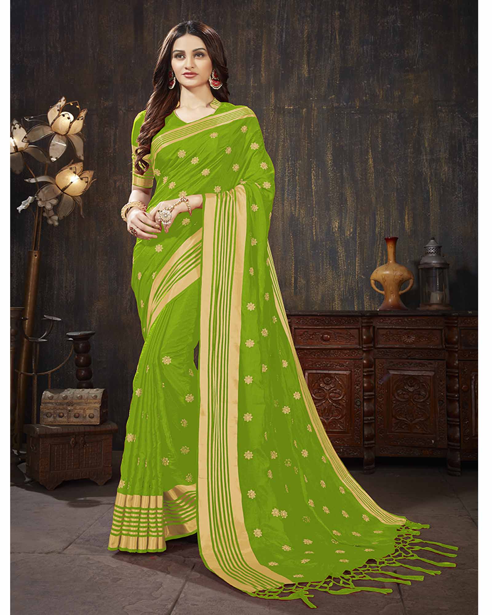 Parrot Green Color Art Silk Embroidered Festival Wear Saree