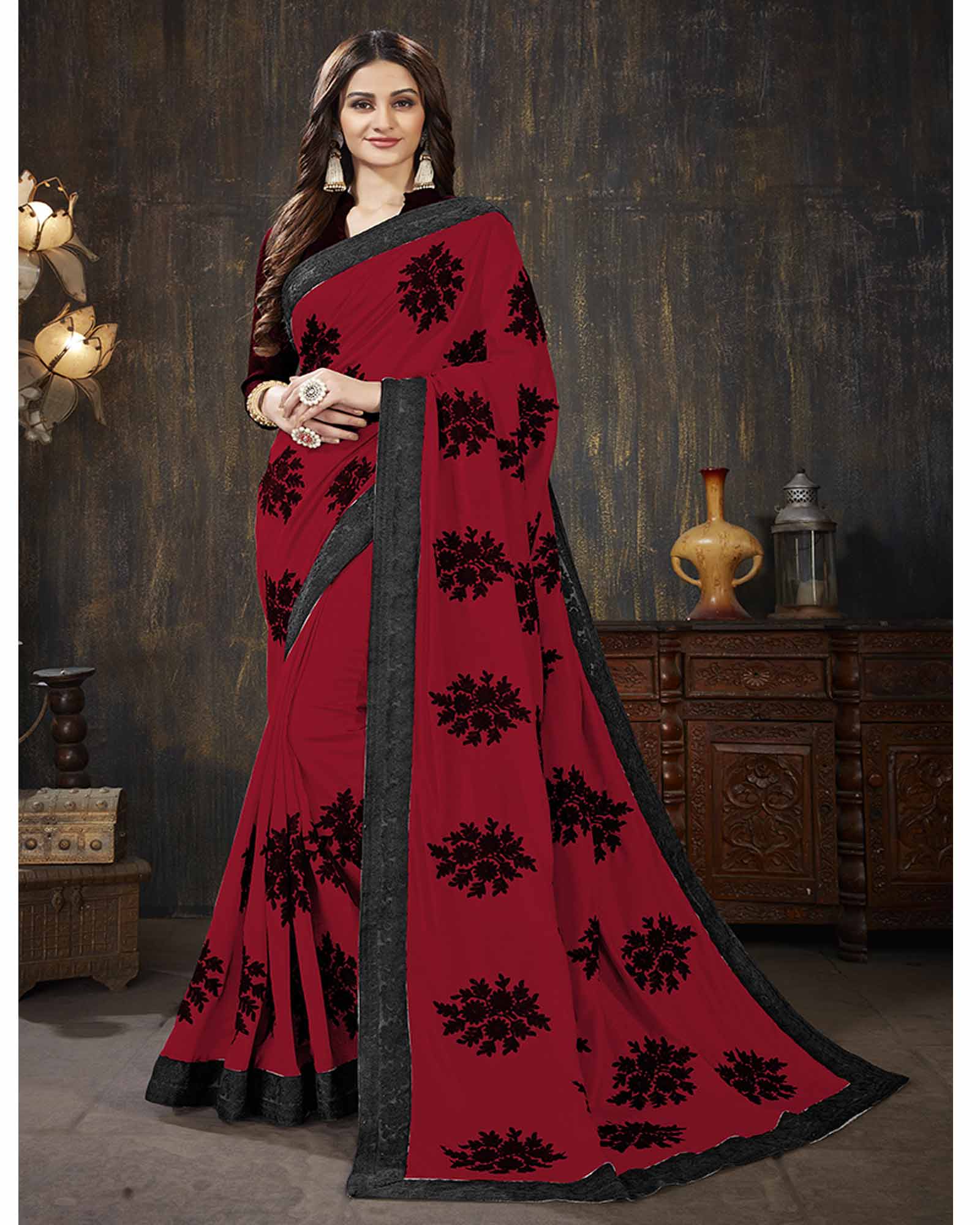 Crimson Red Color Georgette Embroidered Festival Wear Saree