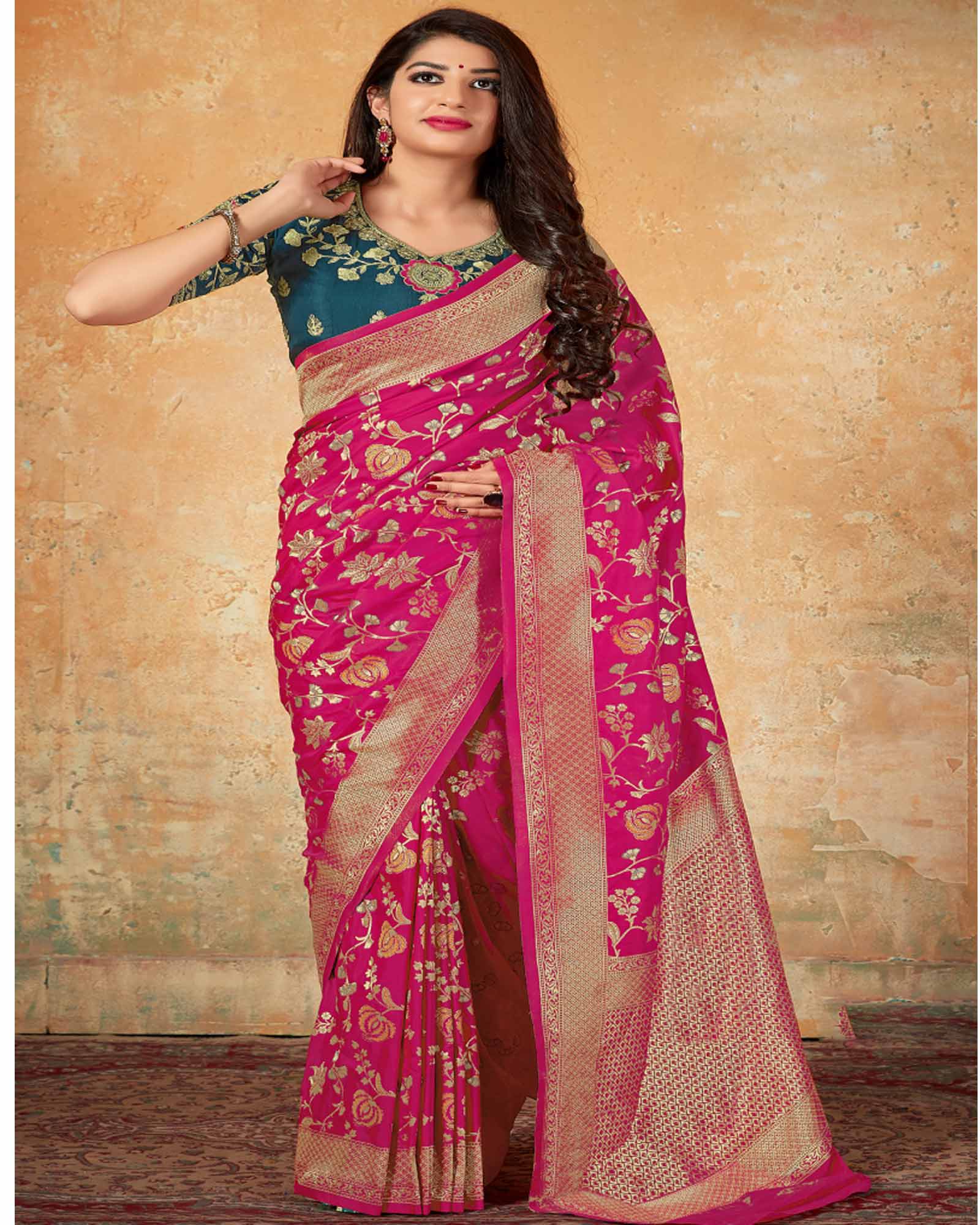 Beautiful Magenta Color Woven Saree With Embroidered Blouse