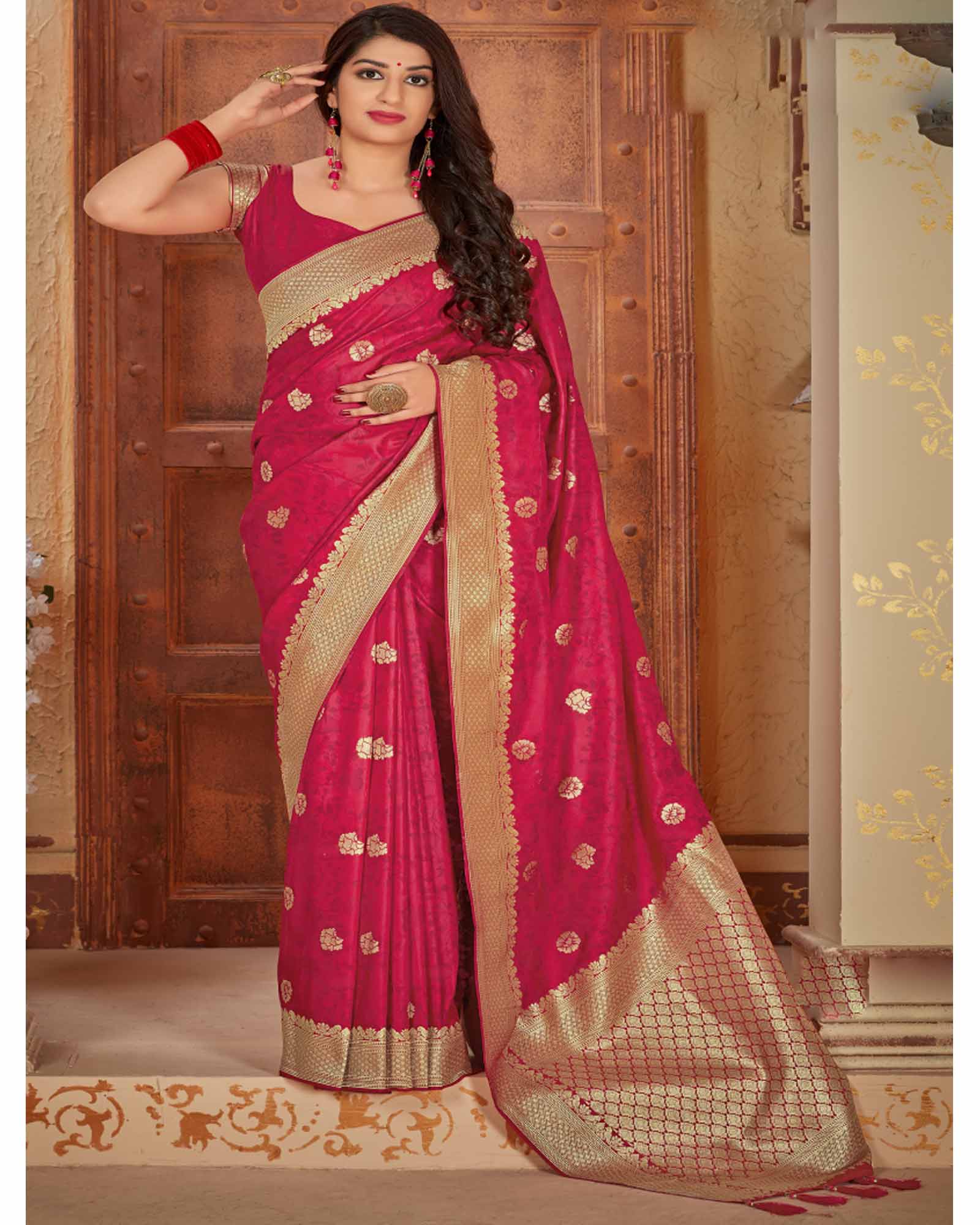 Raspberry red Color Woven Banarasi Satin Saree