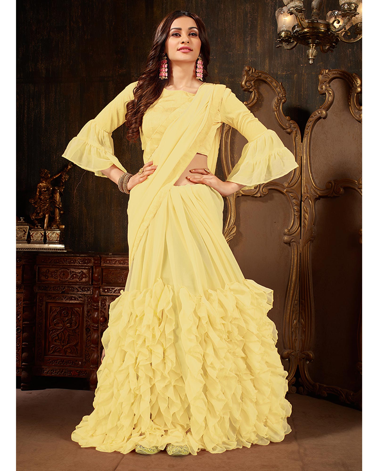 Yellow Georgette Ruffled Saree With Blouse