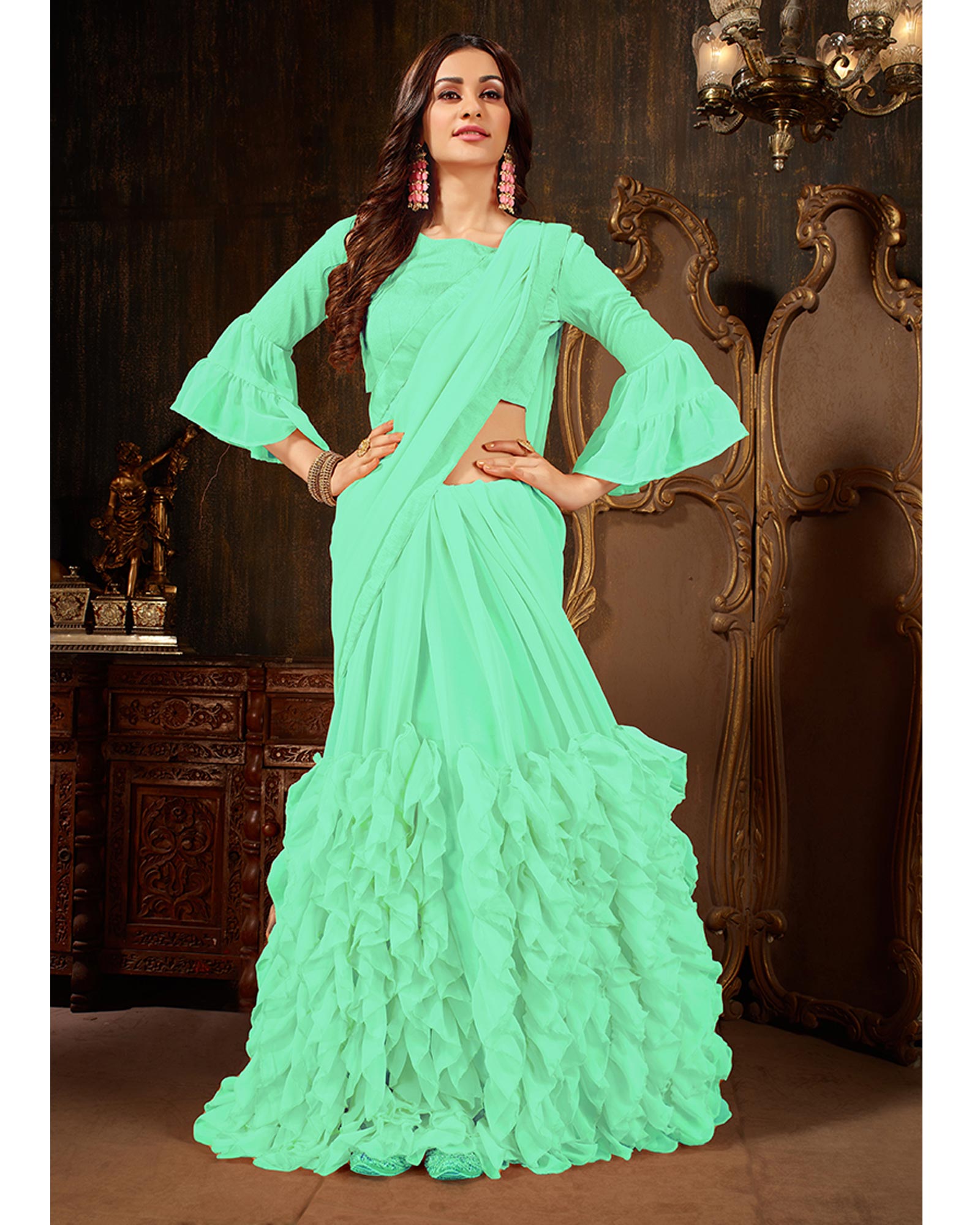 Sea Green Color Georgette Ruffled Saree With Blouse