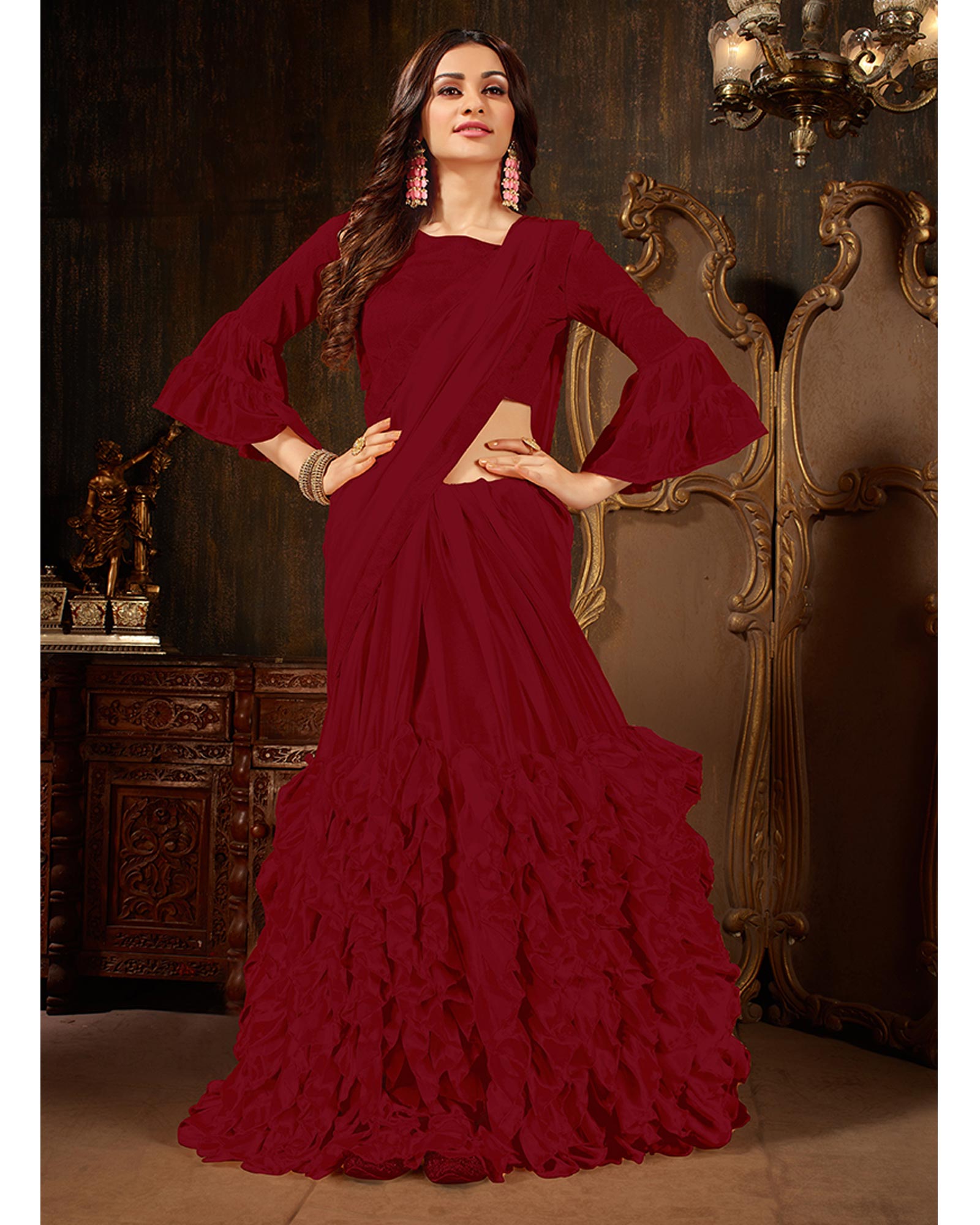 Maroon Color Georgette Ruffled Saree With Blouse