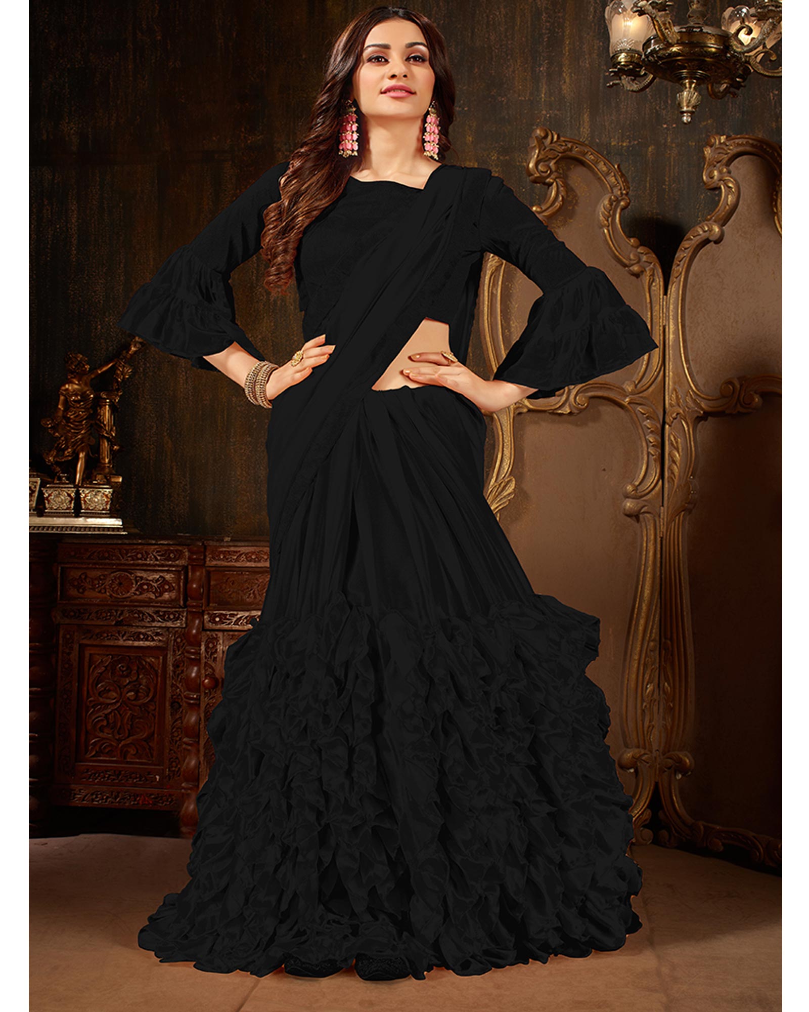Black Color Georgette Ruffled Saree With Blouse