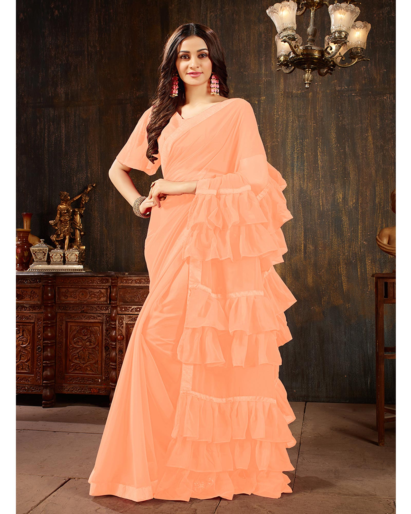 Peach Color Georgette Ruffled Saree With Blouse