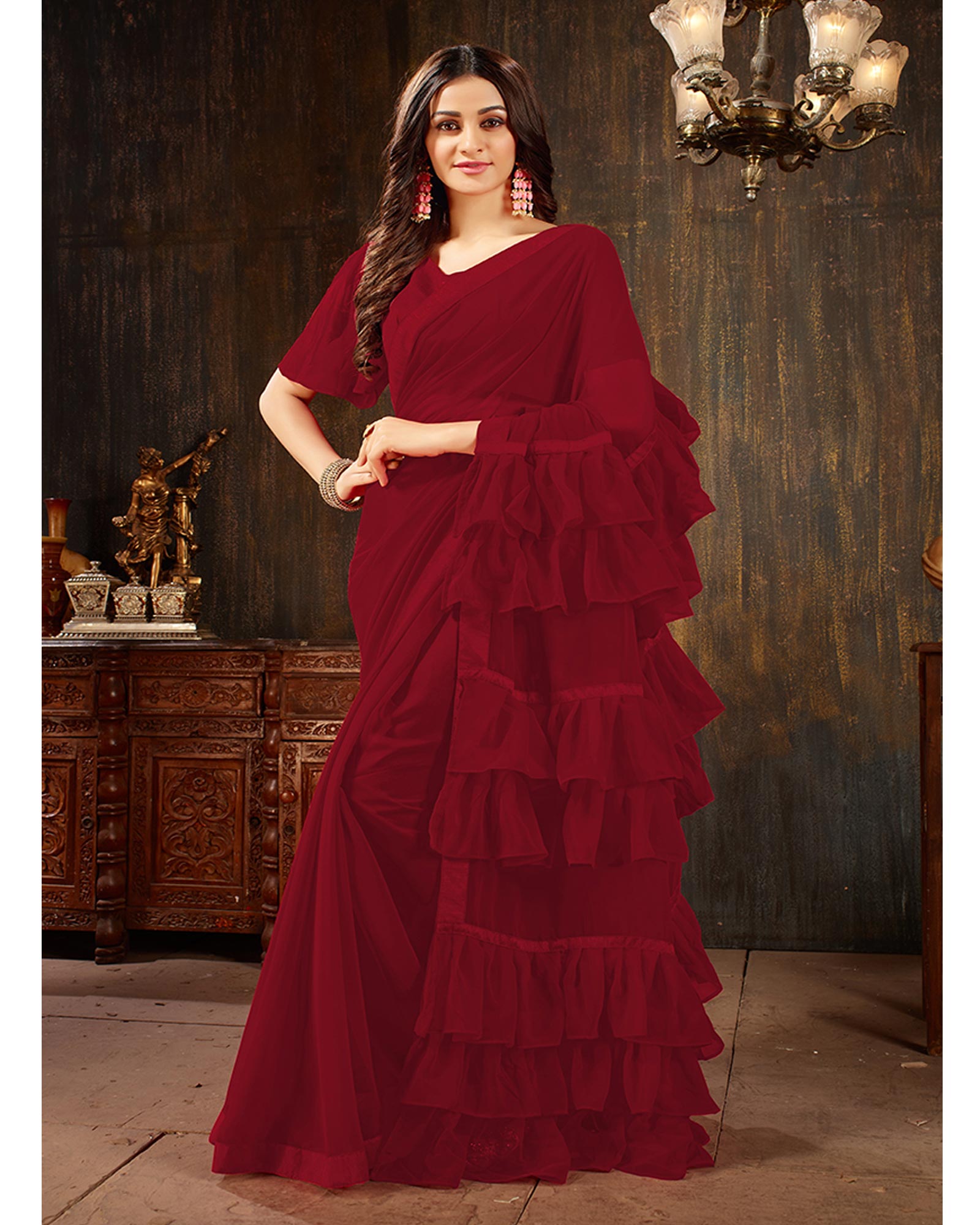 Crimson Red Color Georgette Ruffled Trendy Saree With Blouse