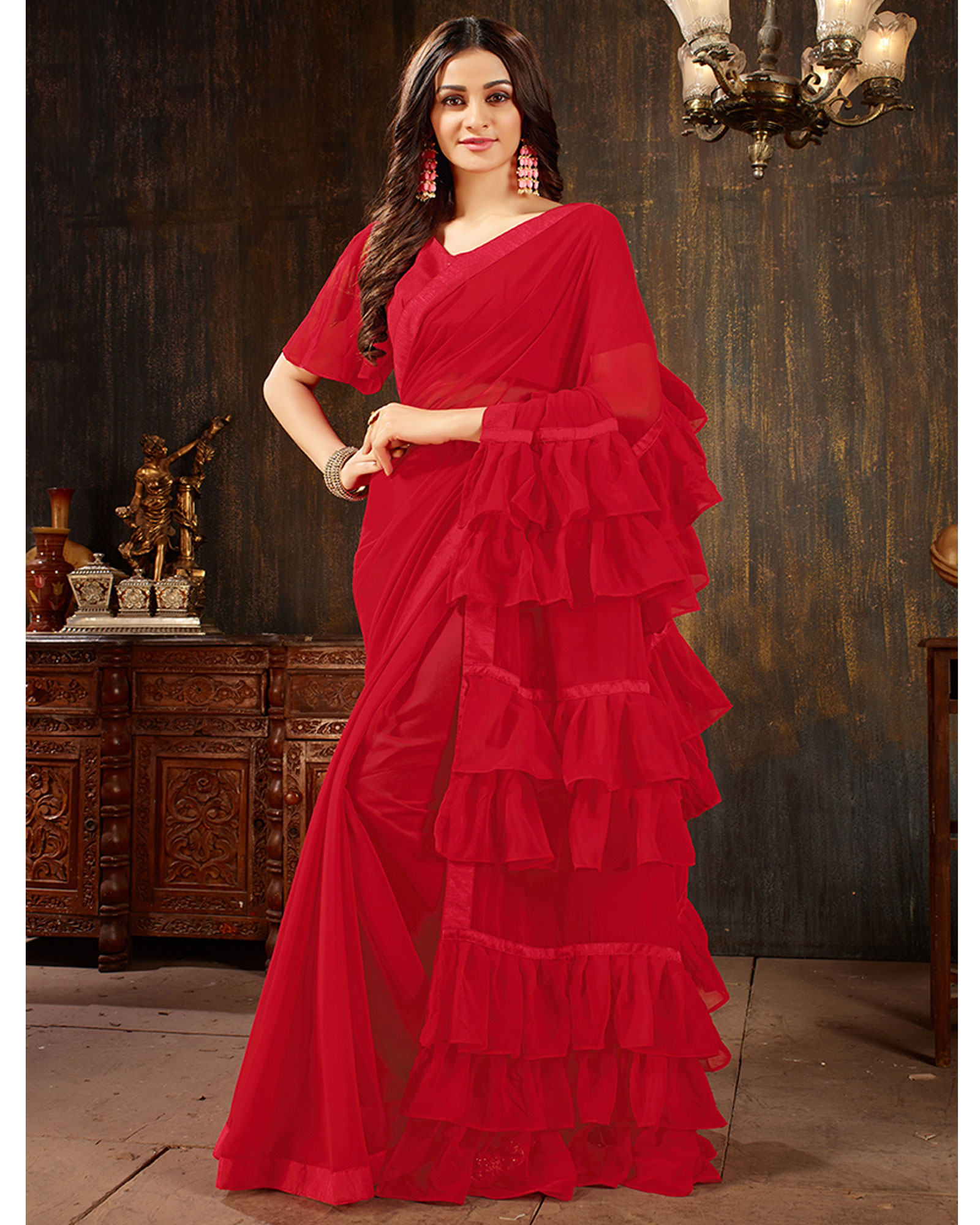 Red Color Georgette Ruffled Trendy Saree With Blouse