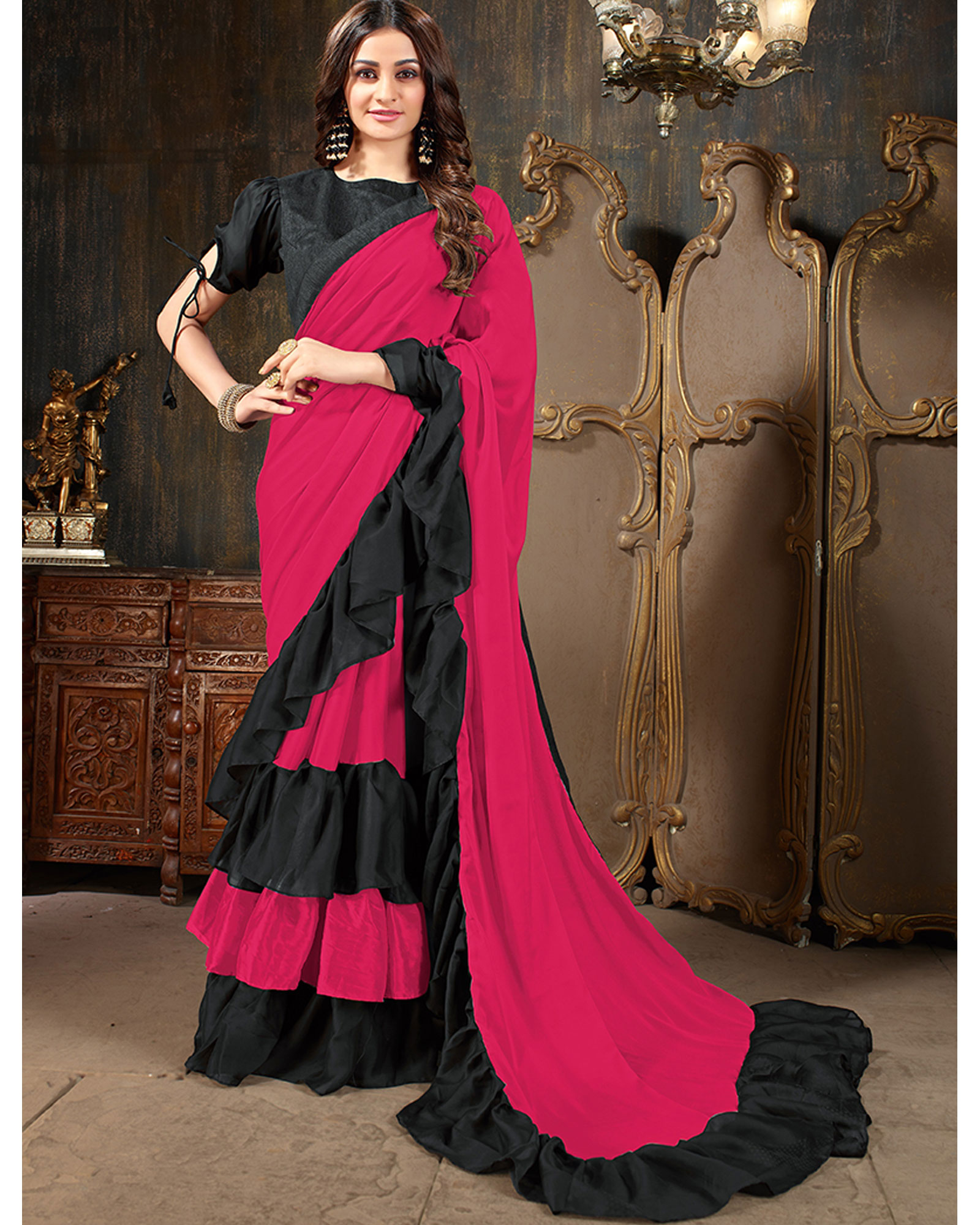 Pink black Charismatic Georgette Fancy Party Wear Saree