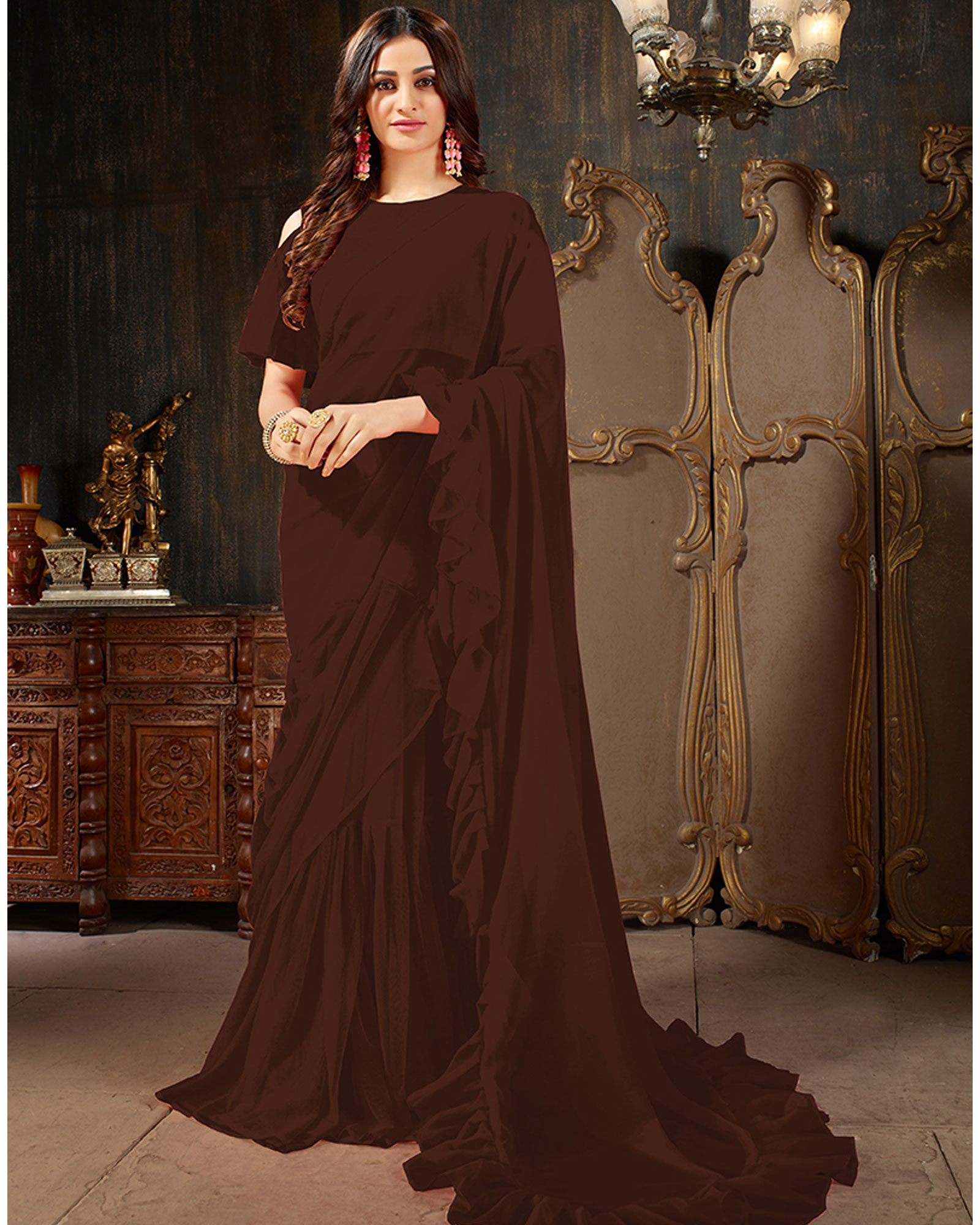 Brown Color Georgette Party Wear Ruffles Saree